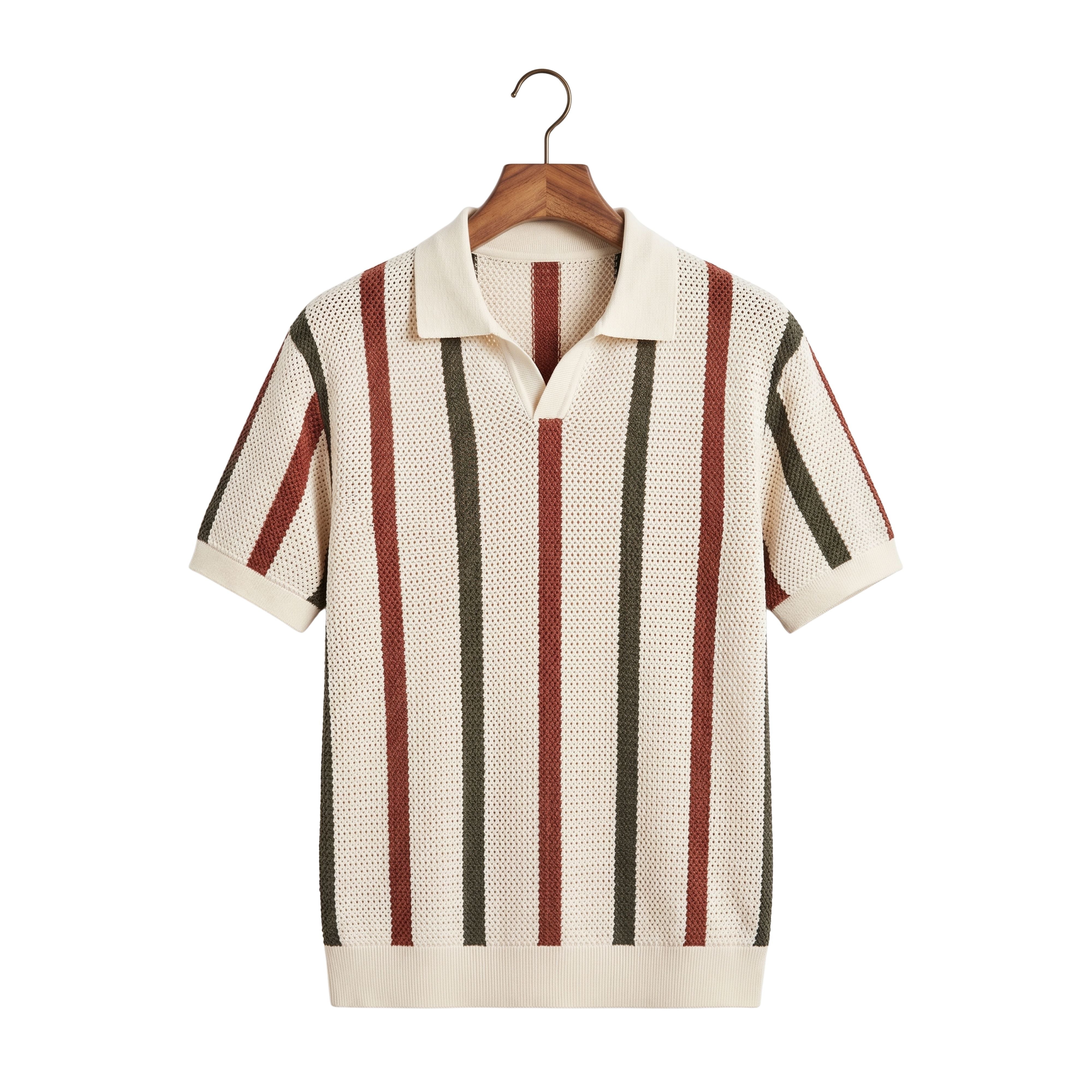 Front studio view of a men's short-sleeve hollow-out knit polo shirt with vertical stripes on a wooden hanger