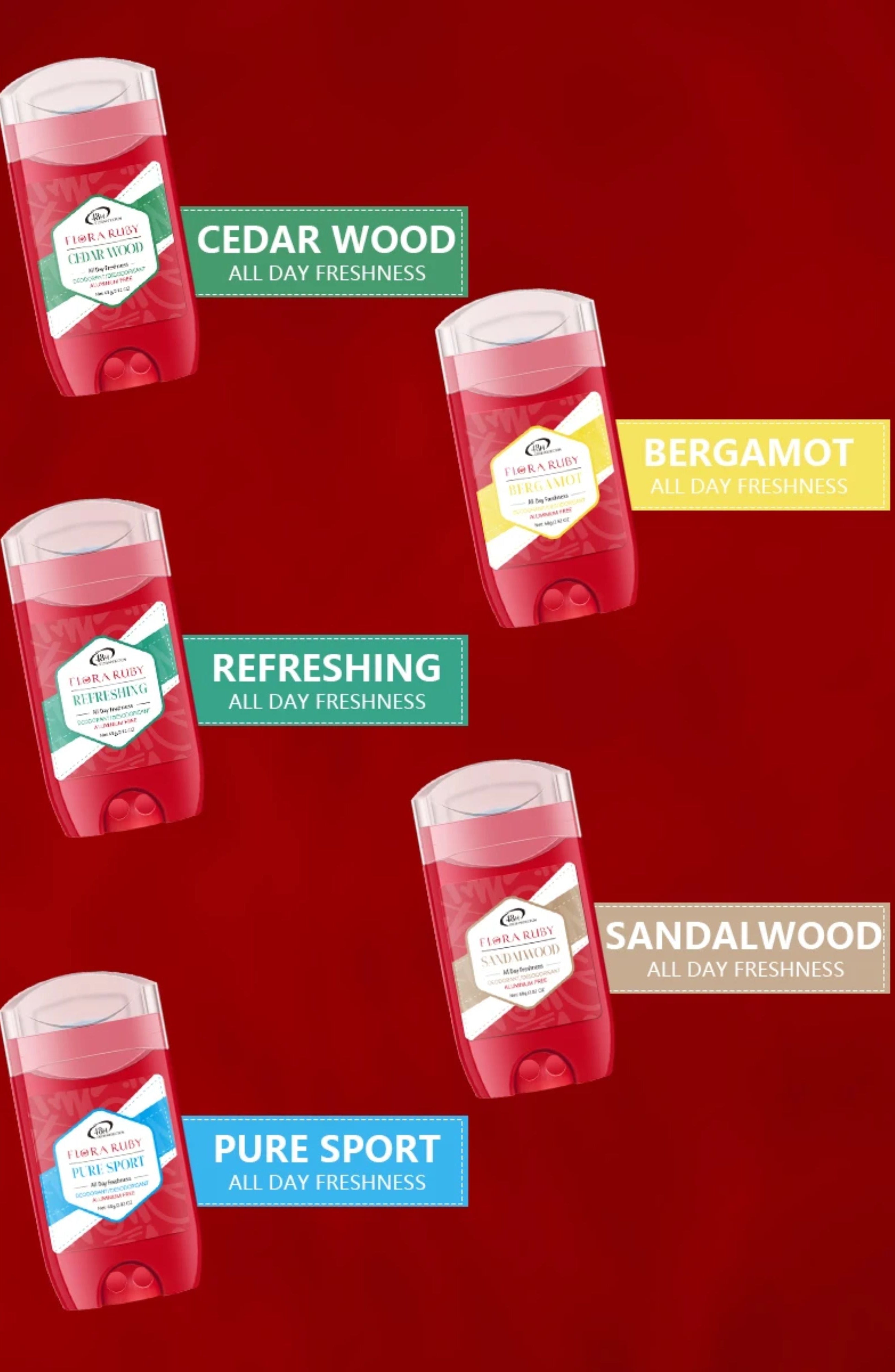 Five red deodorant sticks arranged diagonally showing scent labels for Cedar Wood, Bergamot, Refreshing, Sandalwood, and Pure Sport