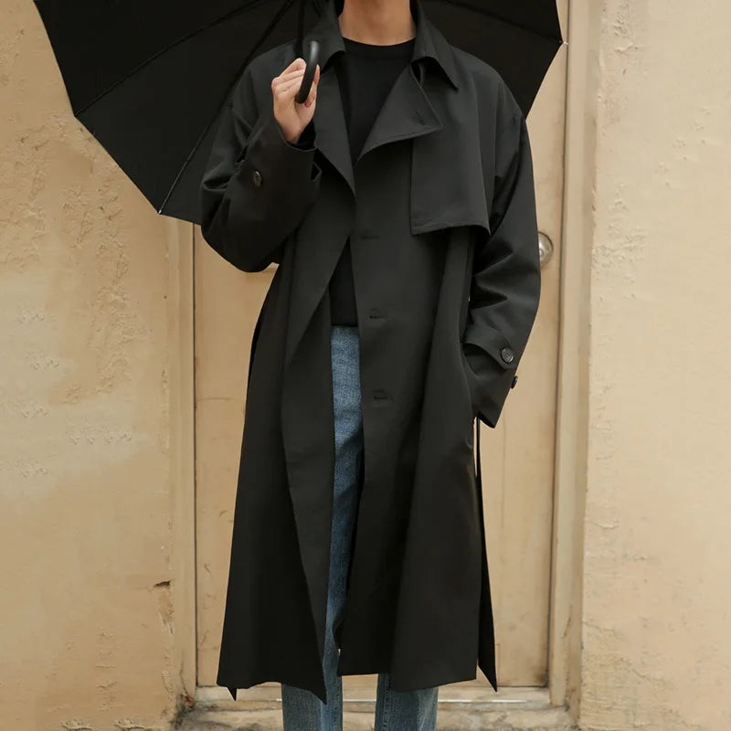 front view of men's drop shoulder trench coat tailored silhouette autumn apparel