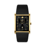 Men's elegant gold rectangular dress watch featuring a black dial with a diamond index, date window, and textured black leather strap.