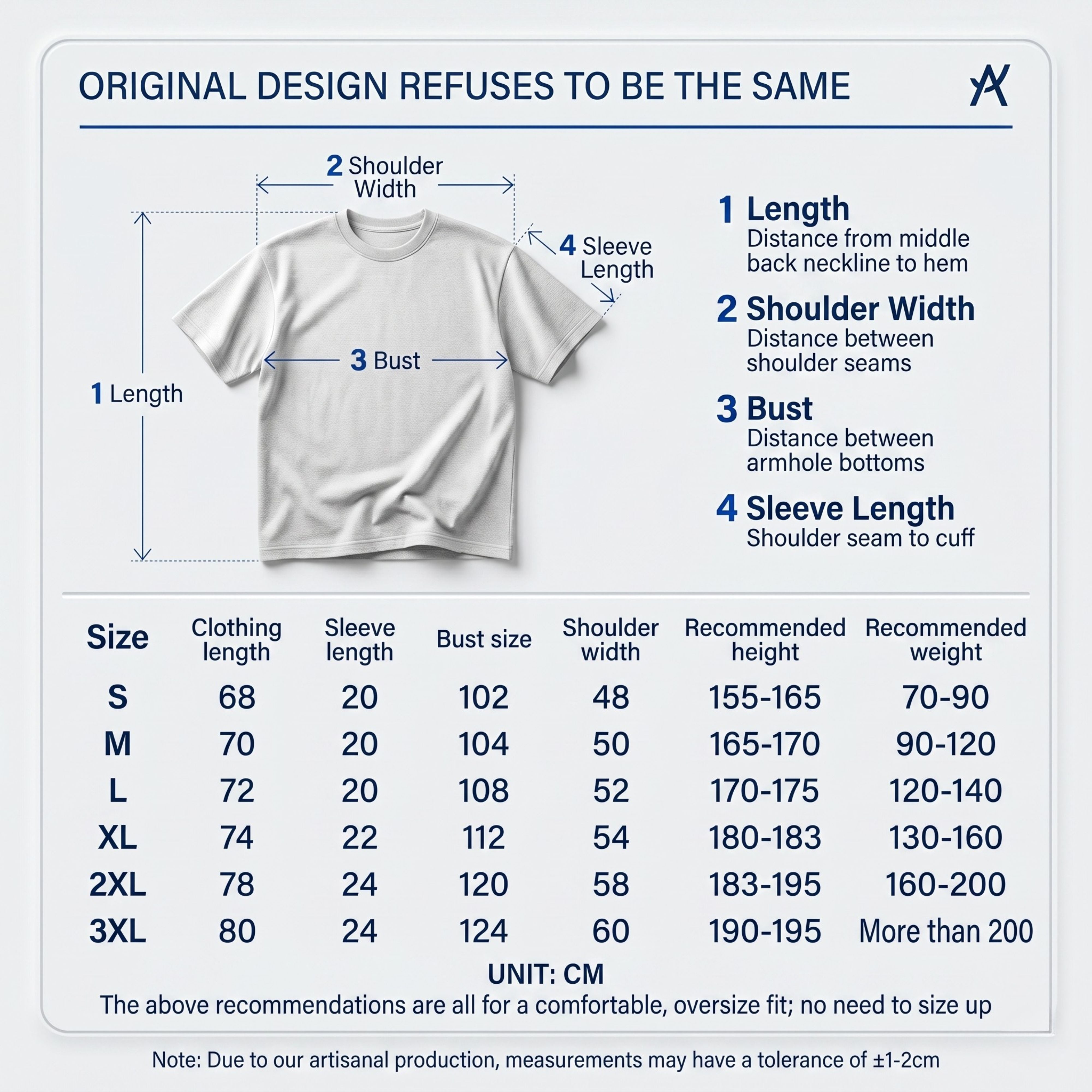 An e-commerce sizing blueprint table detailing the length, shoulder width, chest circumference, and weight suggestions for the 425g tee line