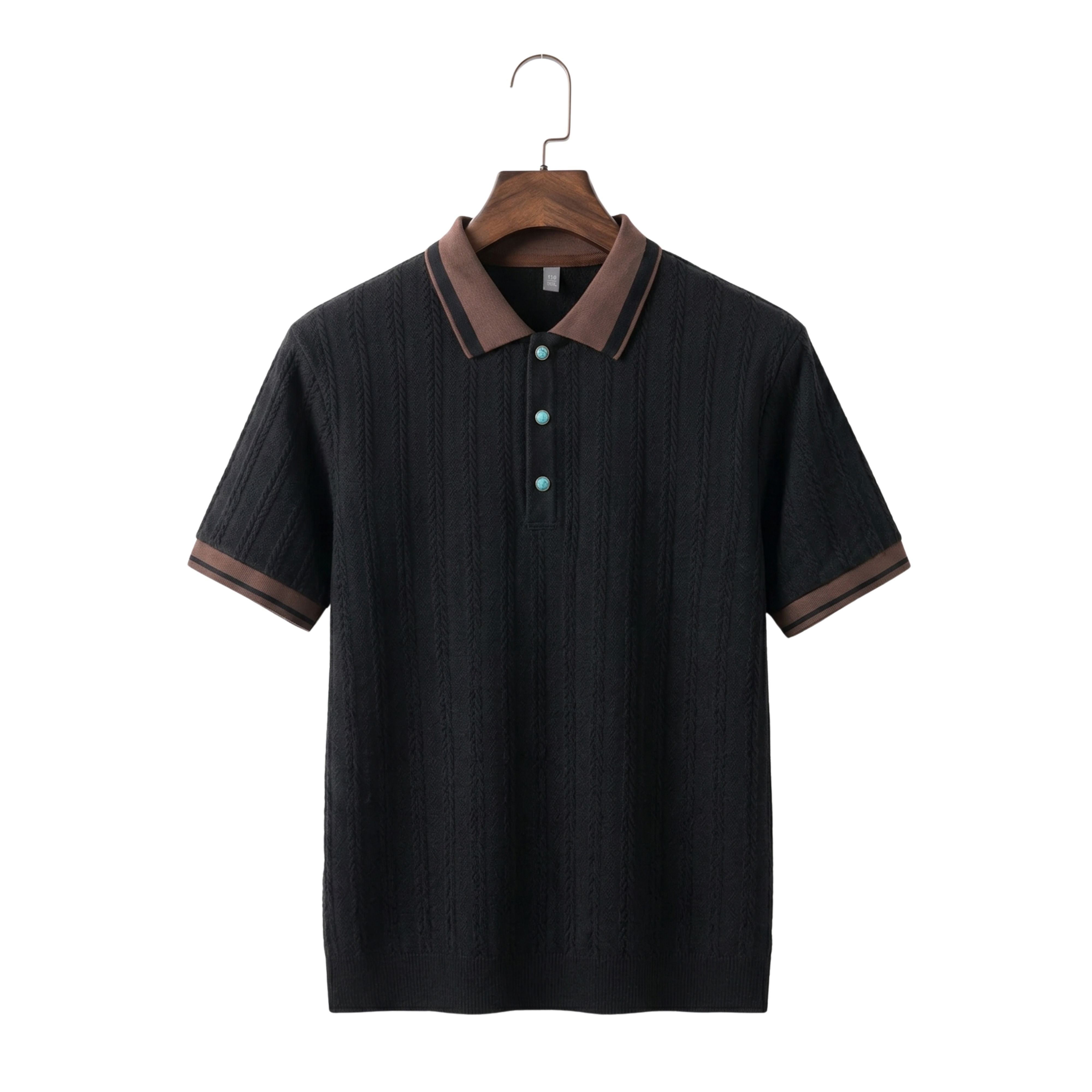 Front studio view of a men's fashion casual jacquard knit polo pullover in solid black with brown collar accents