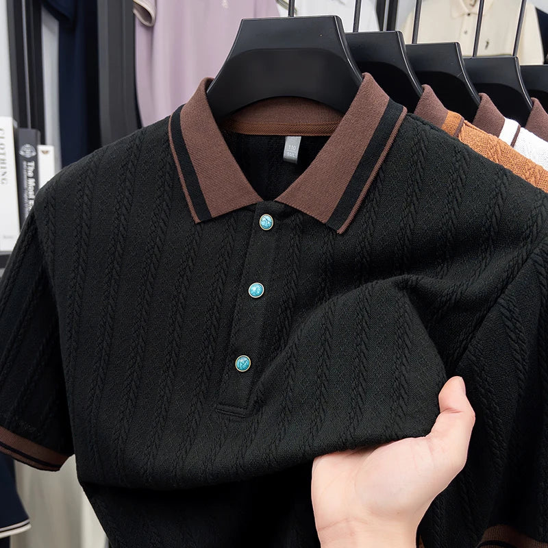Close-up showcasing the durable polyester-elastane fabric blend and deep black texture of the knit polo.
