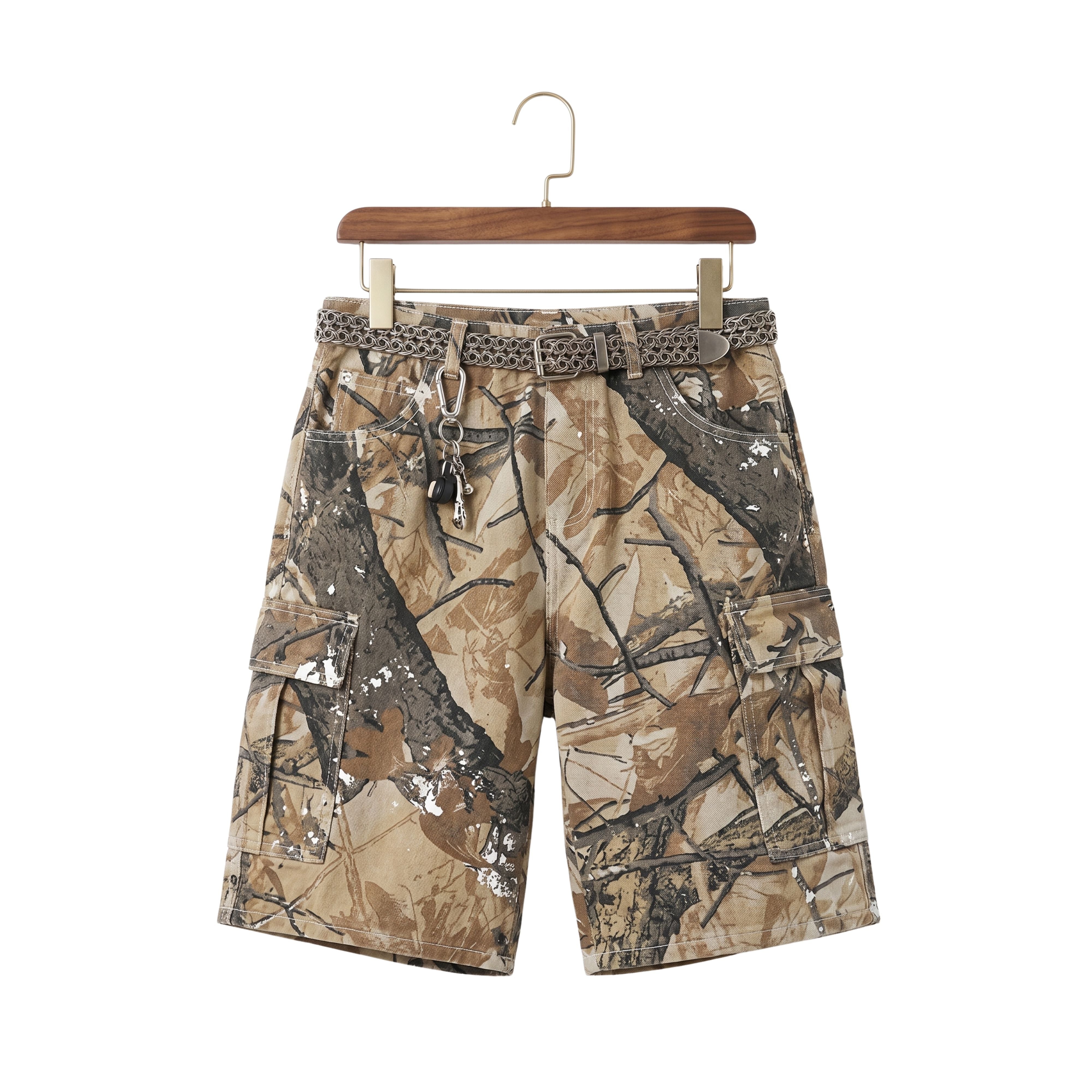 Front studio view of men's camouflage cargo denim shorts featuring a matching belt on a wooden hanger