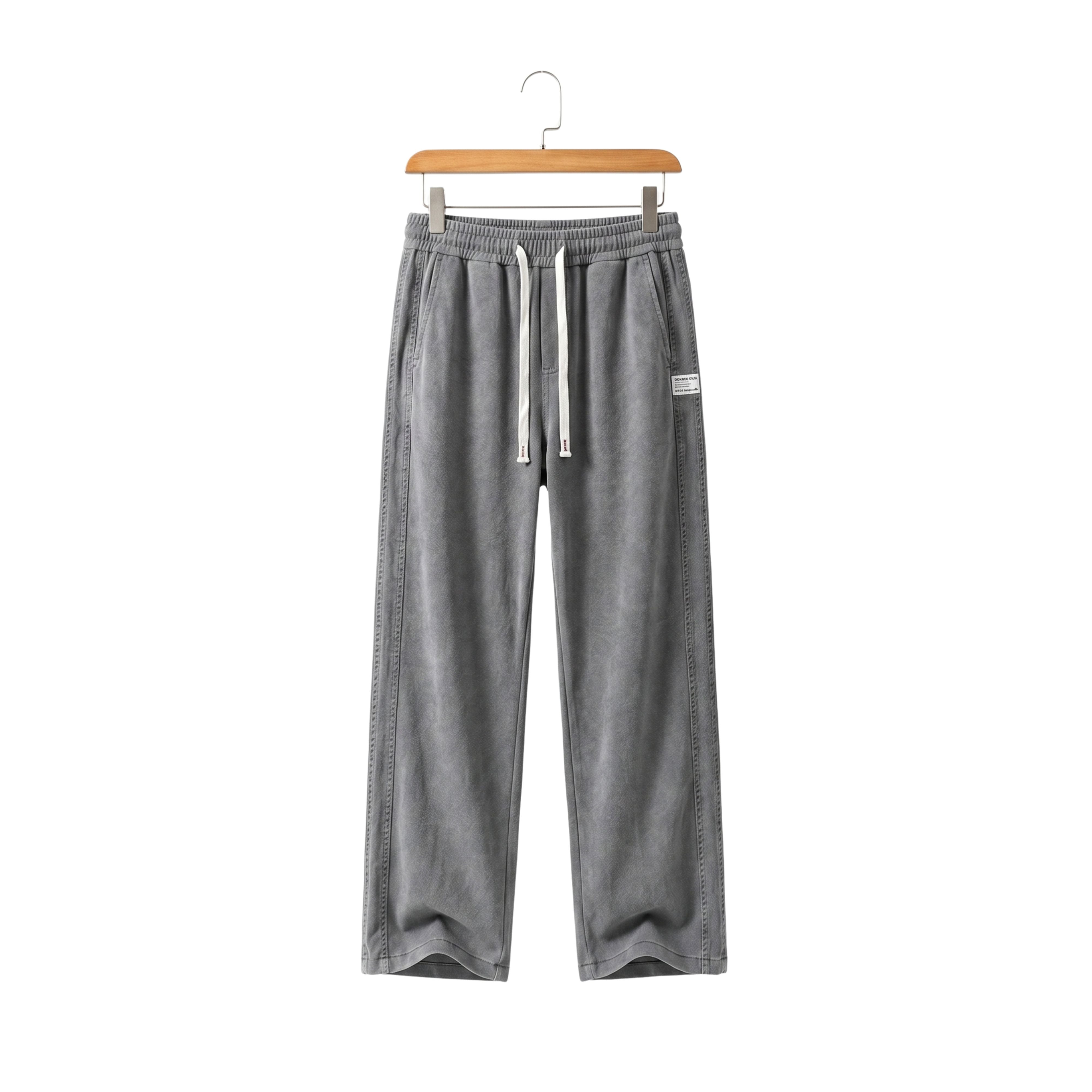 Medium gray lightweight straight-leg casual trousers for men with a flexible drawstring waist on a hanger