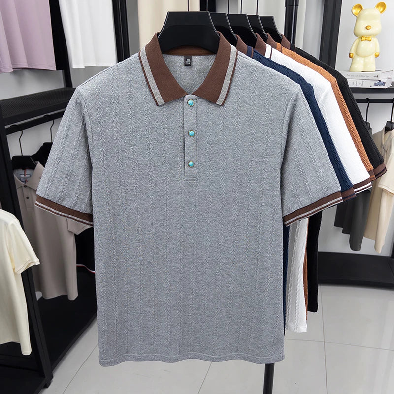 Showroom rack display highlighting the structured regular fit and contrast collar of the black jacquard polo.