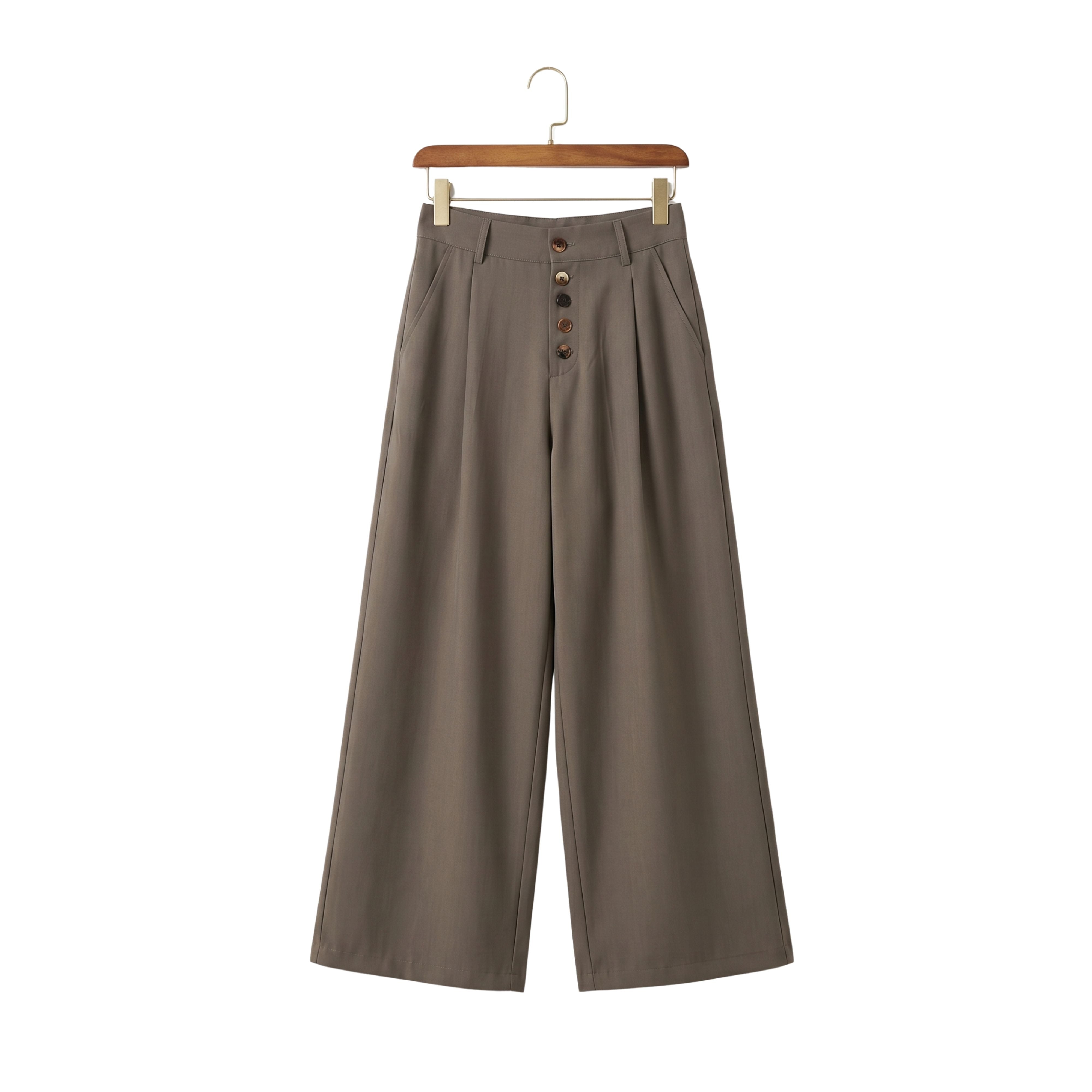 Front view of men's baggy loose fit drapey suit pants in olive brown on a wooden hanger