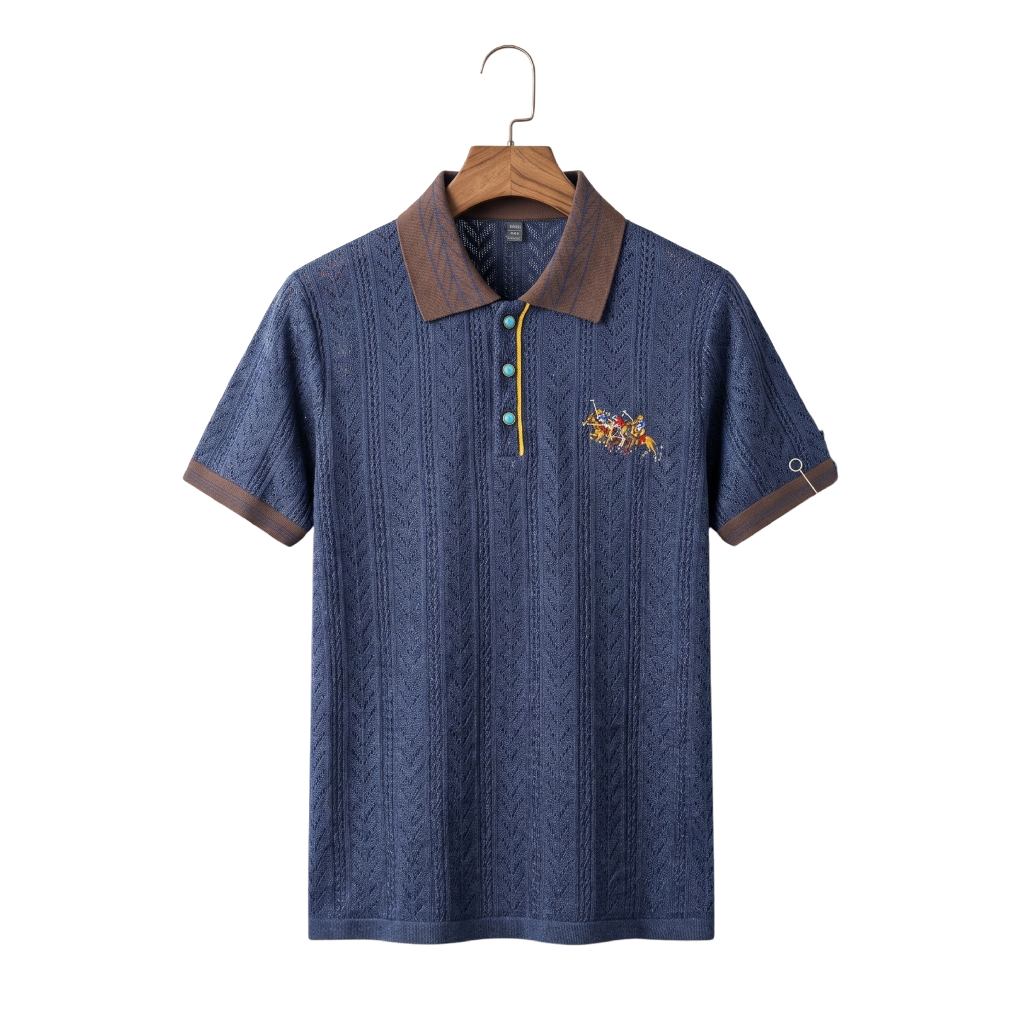 Front studio view of a men's regular fit short-sleeve jacquard polo shirt in solid navy blue on a wooden hanger