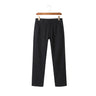 Men's Seoul Minimalist slim straight denim pants in solid black hanging on a wooden hanger against a clean white background