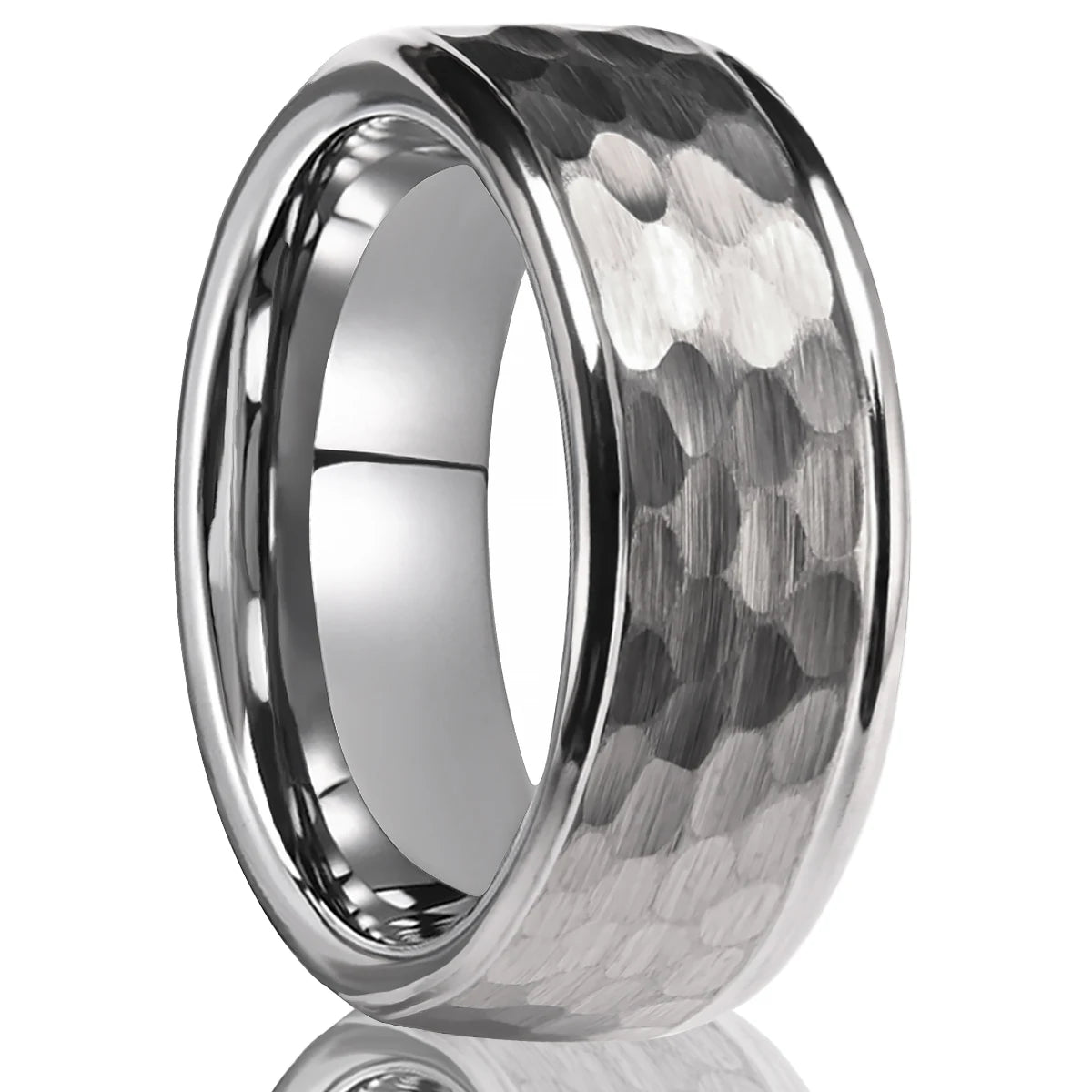 Men's classic tungsten carbide wedding band featuring a textured silver hammered finish, polished step edges, and a smooth comfort-fit interior