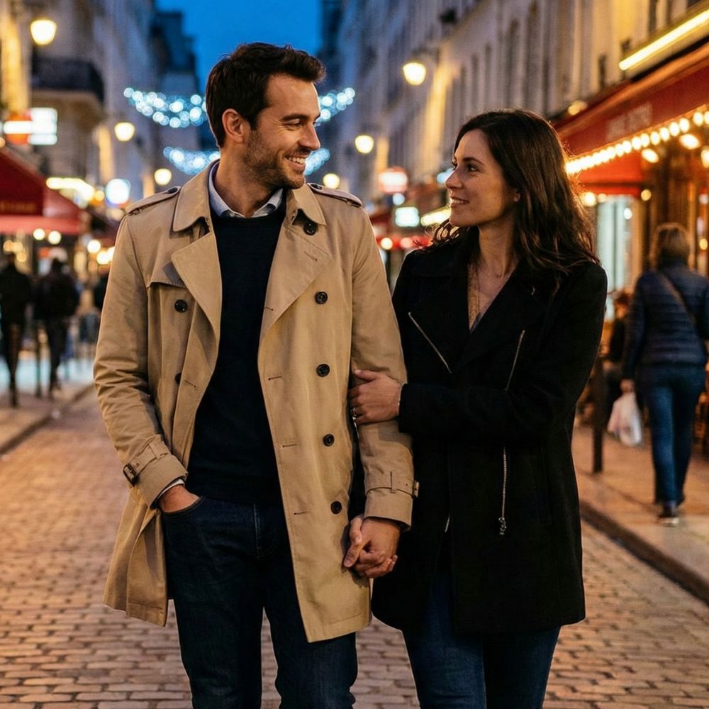 Man wearing a men’s trench coat on a night date in the city.
