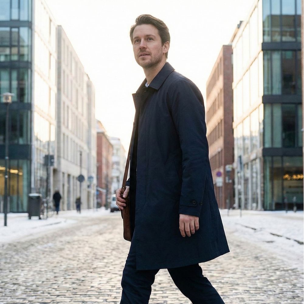 Man wearing a lightweight men’s trench coat that looks warm but not bulky, walking comfortably in a winter city.
