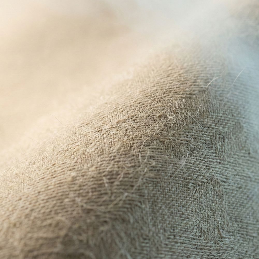 Close-up of warm and breathable fabric from a men’s trench coat, showing premium texture and soft fibers.

