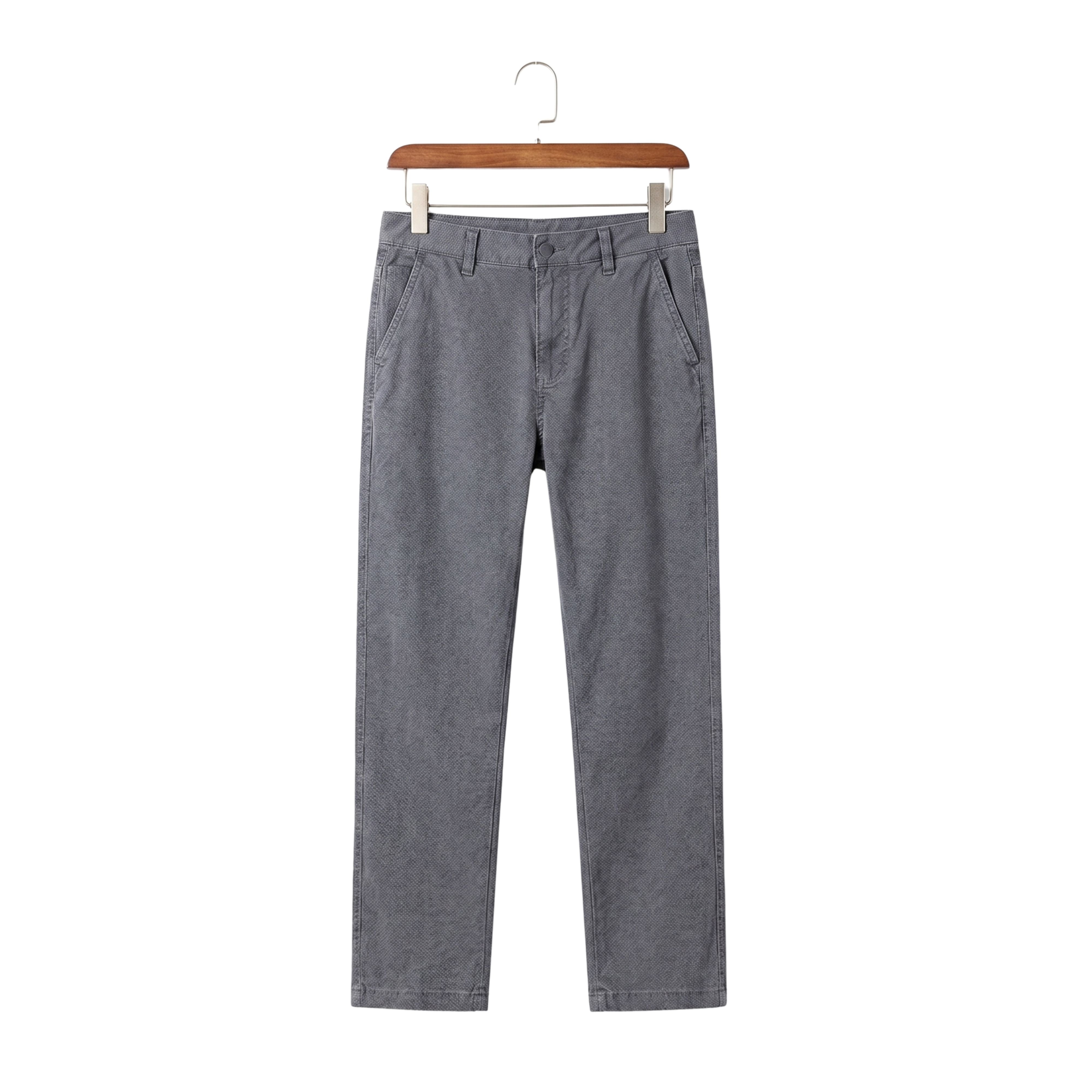 Minimalist daily casual loose fit straight trousers in a contemporary mid-grey shade hanging against a white background