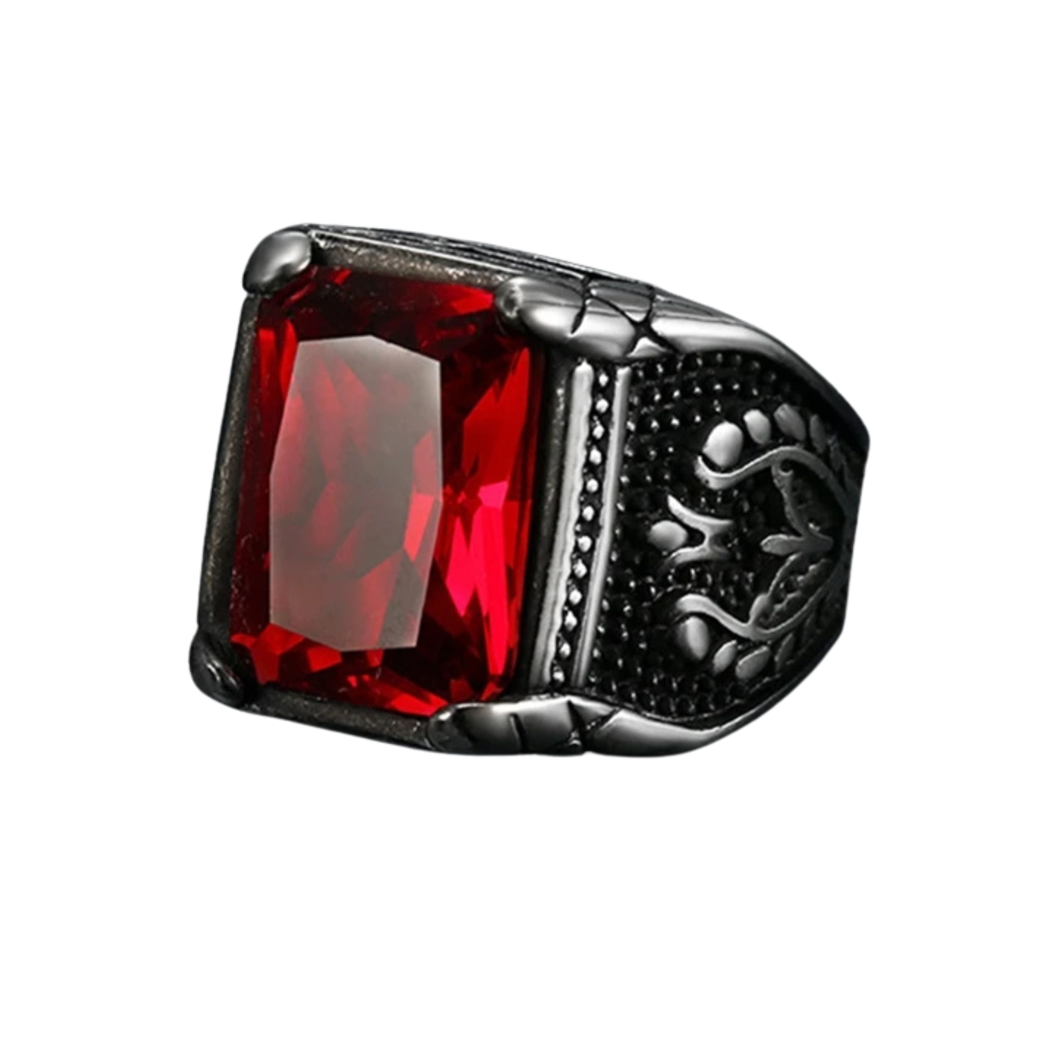 Men's vintage silver signet ring featuring a large rectangular red gemstone and engraved side details on a white background