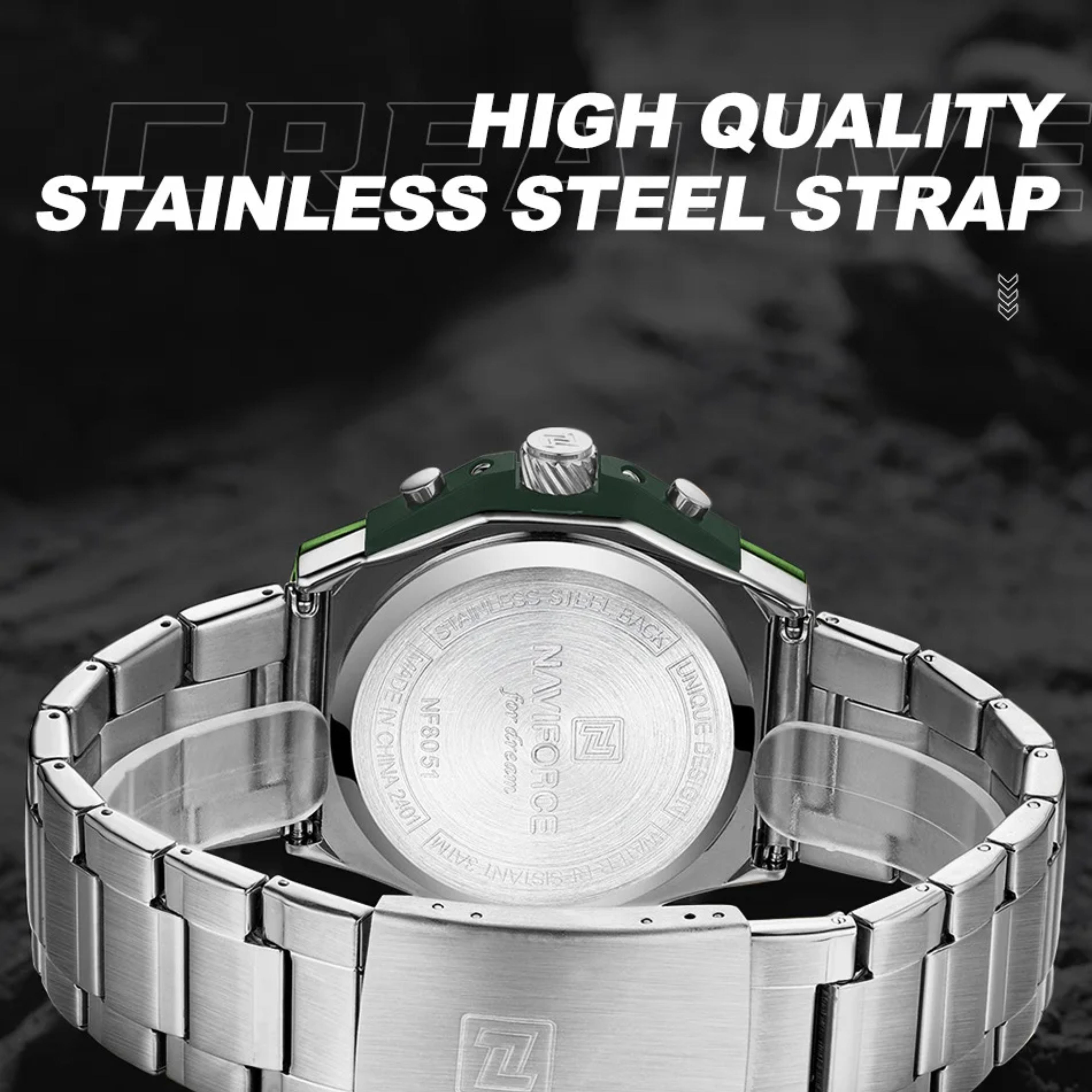 Back view of NAVIFORCE durable stainless steel band showing the secure deployment clasp