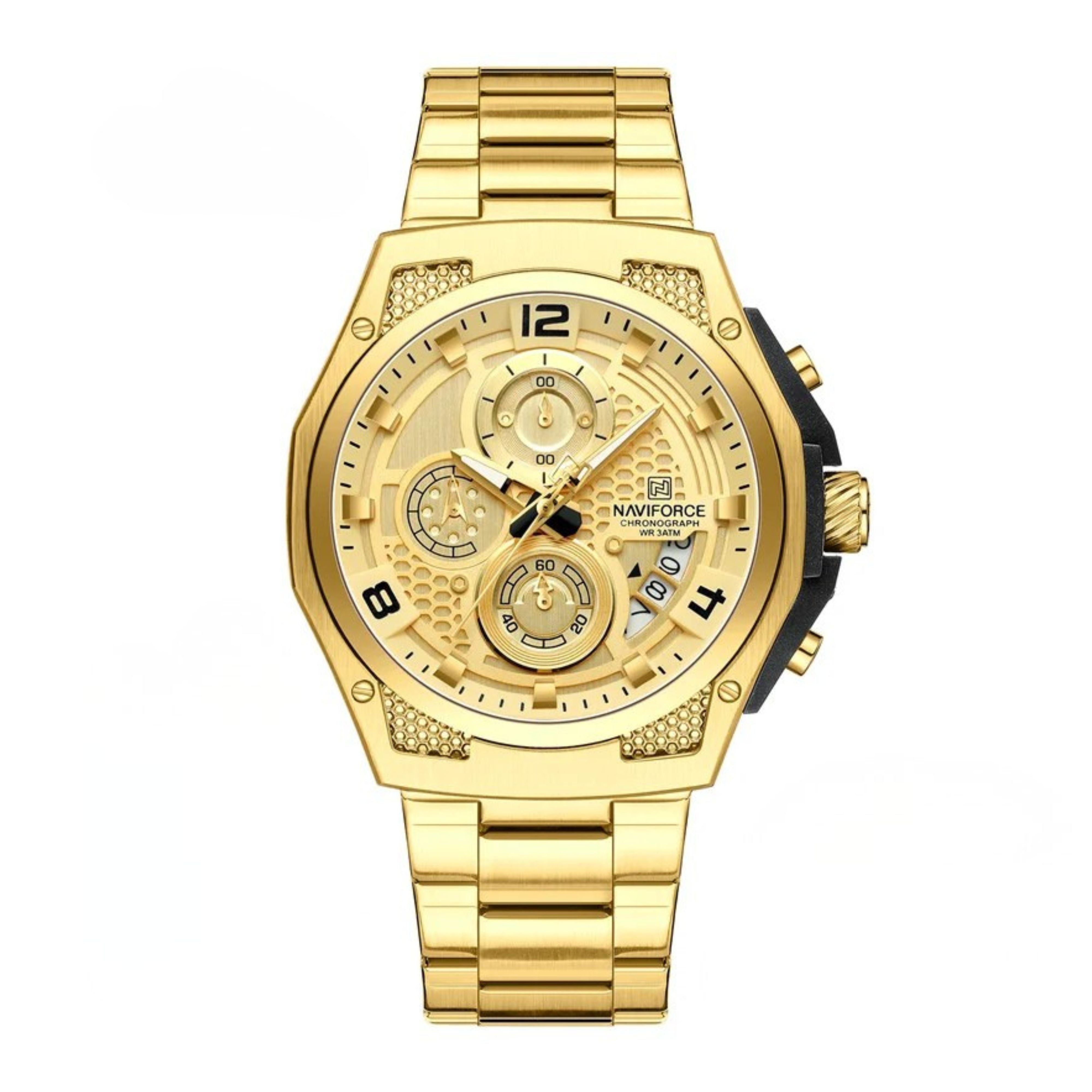Premium status NAVIFORCE men's watch in polished imperial gold tone steel body