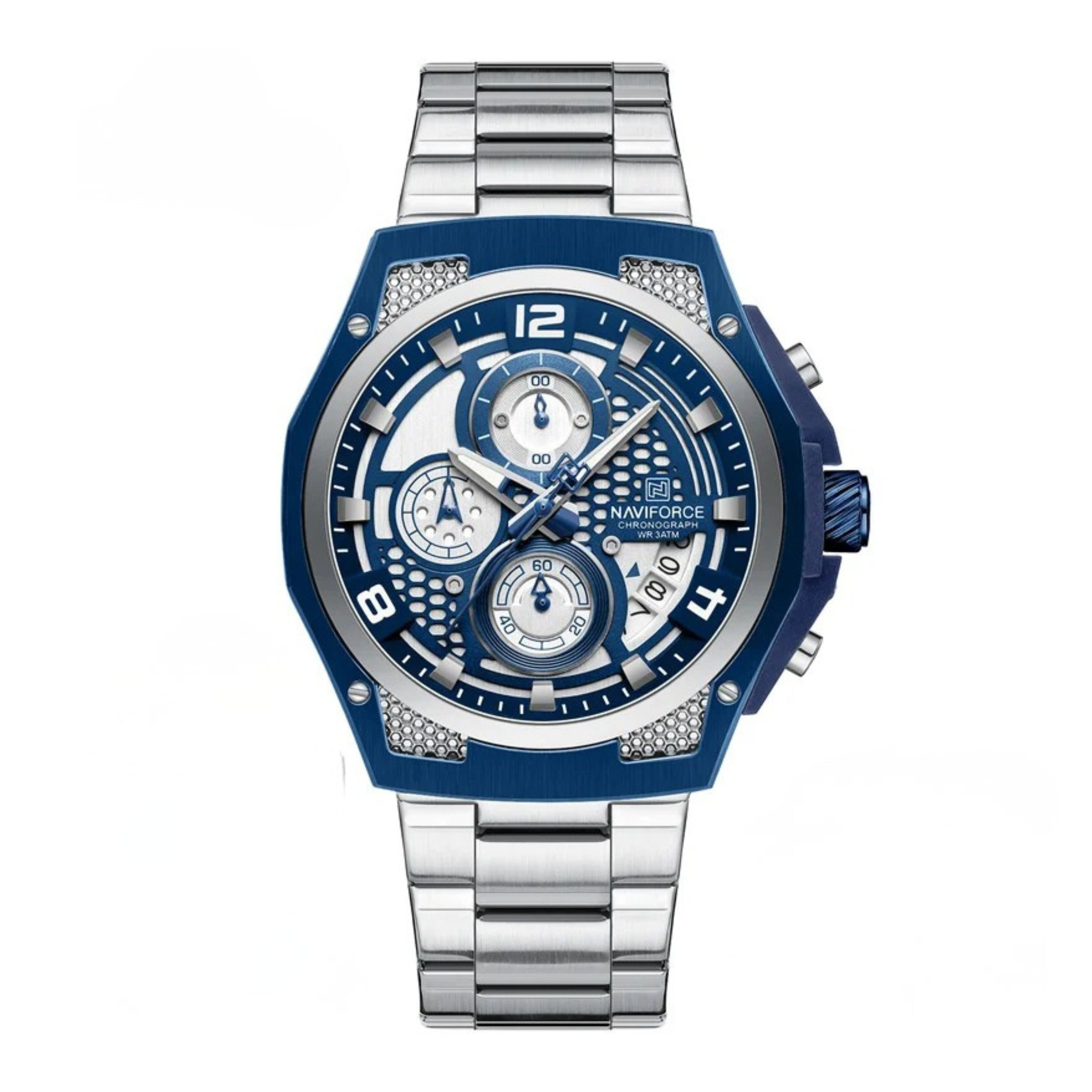 NAVIFORCE stainless steel male sport watch featuring deep blue bezel and silver strap