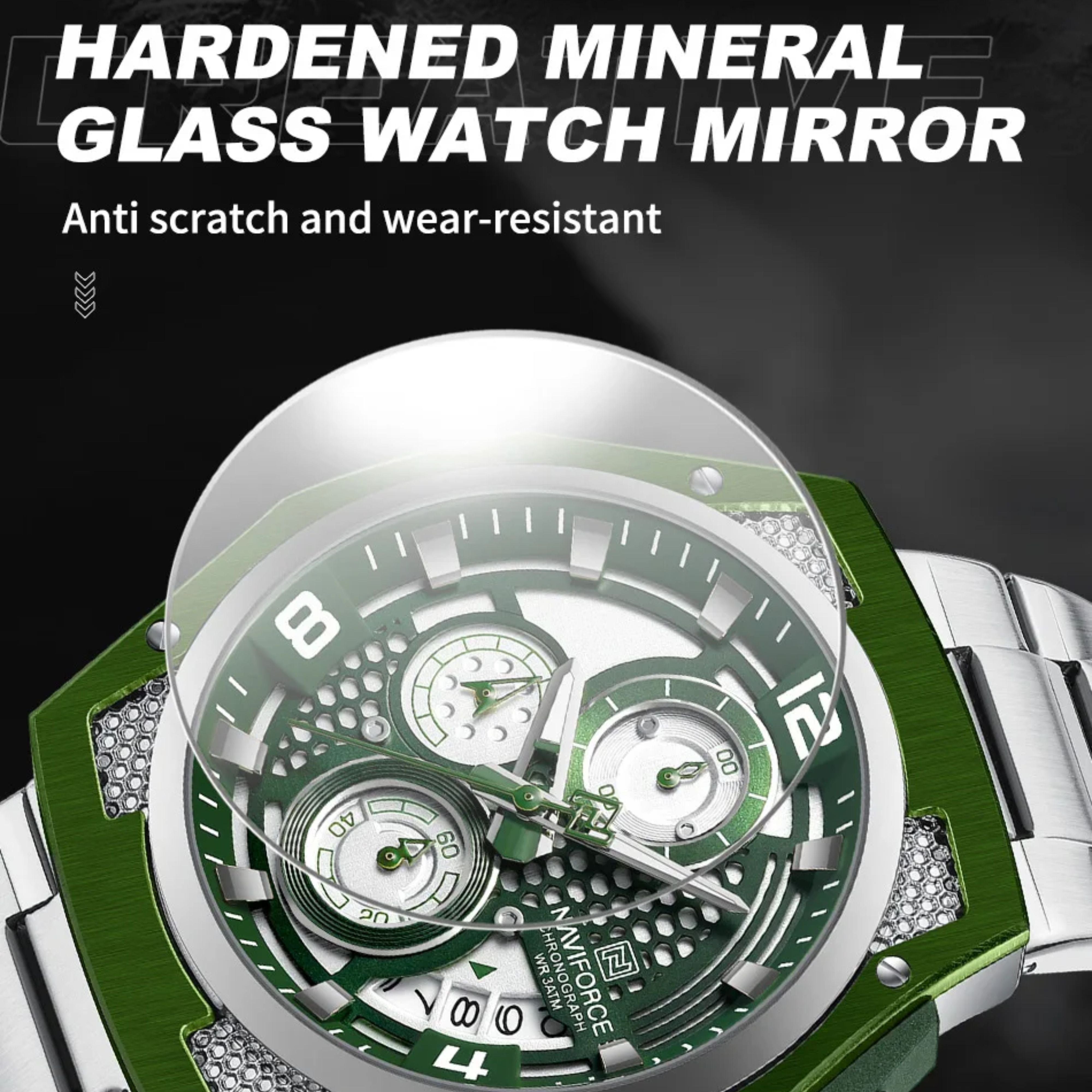 Close up demonstration of NAVIFORCE scratch resistant hardened mineral glass watch crystal protective layer