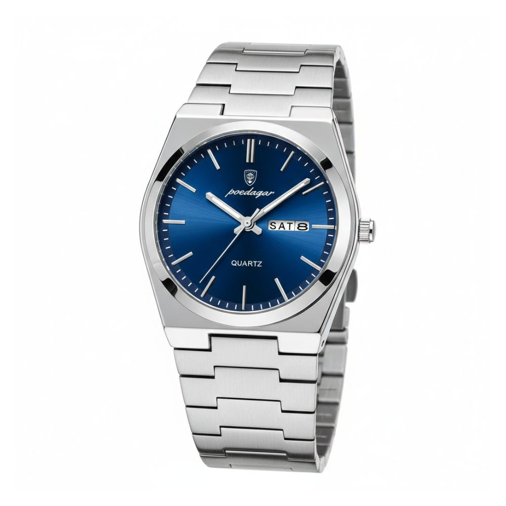 POEDAGAR 930 Luxury Casual Watch Blue Dial Angle – The Crew