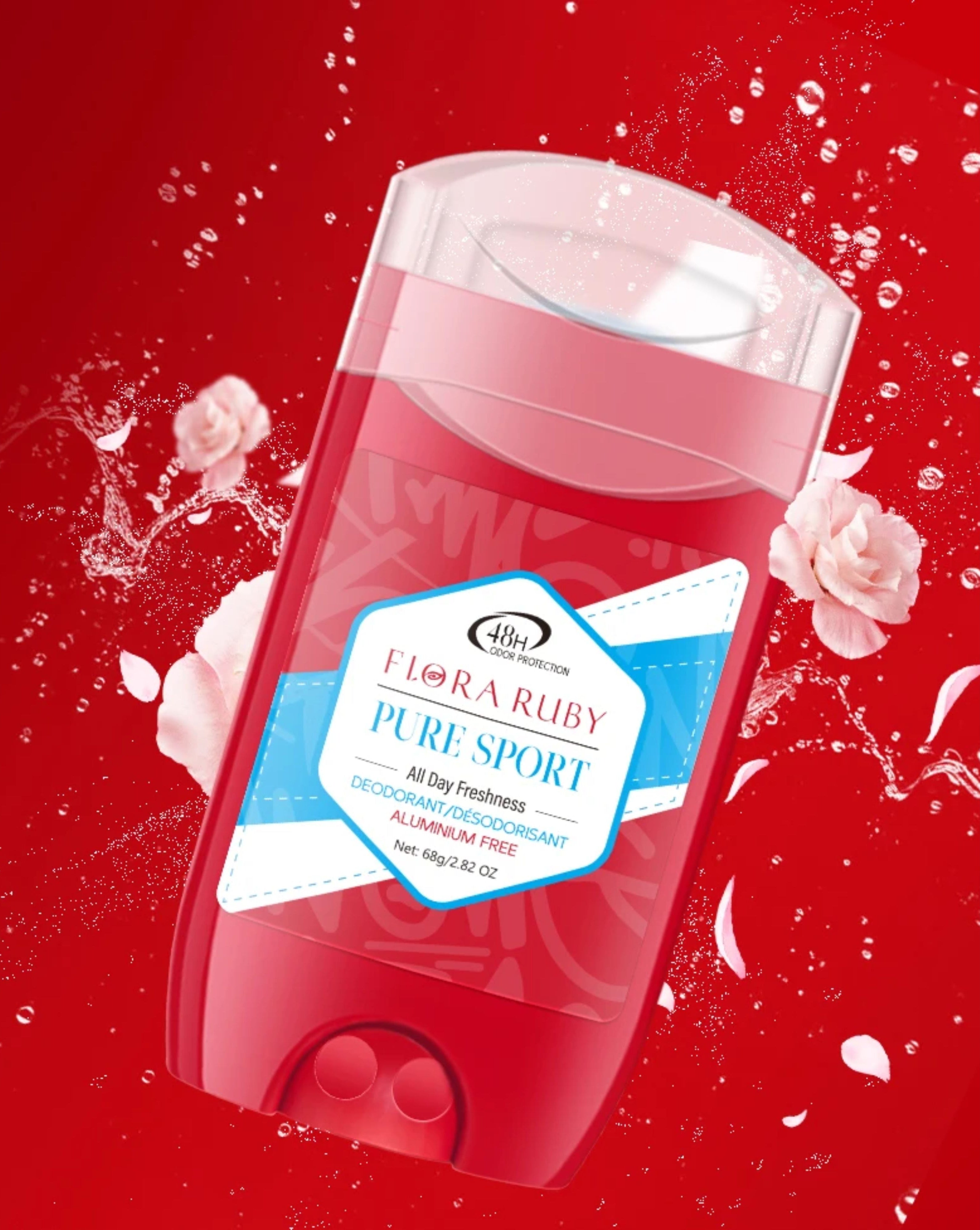 Flora Ruby Pure Sport deodorant stick with a blue label shown against a vibrant red water splash and white floral background