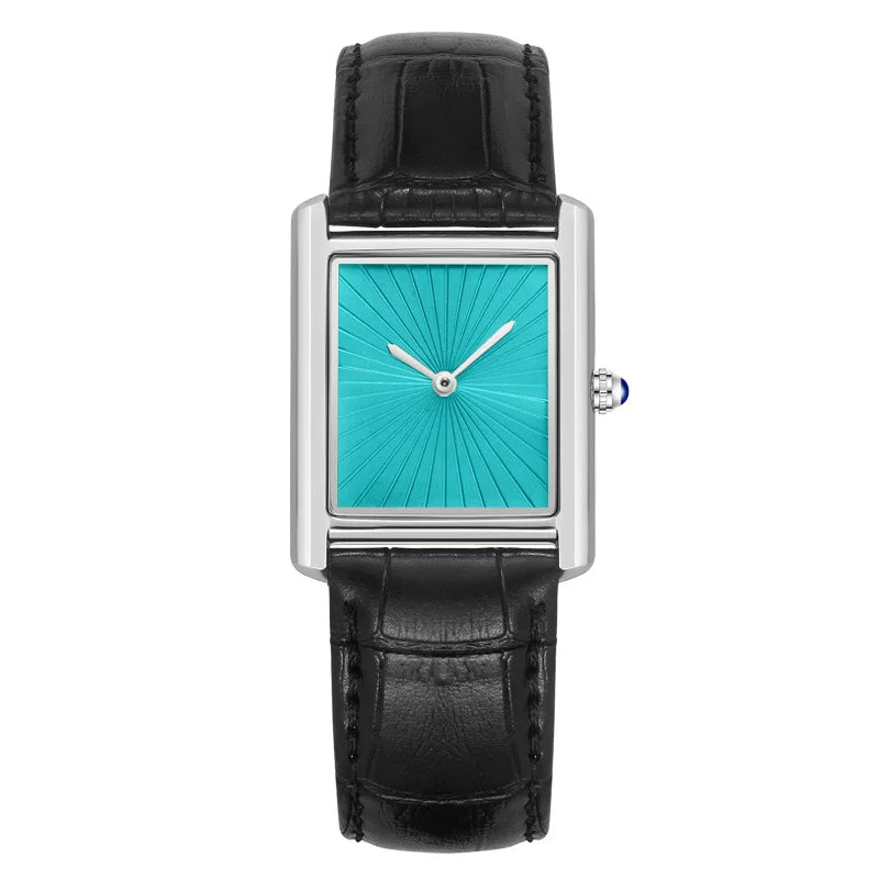 ZBJP square quartz watch designed with a vibrant turquoise blue dial, silver alloy case, and black fashion leather strap