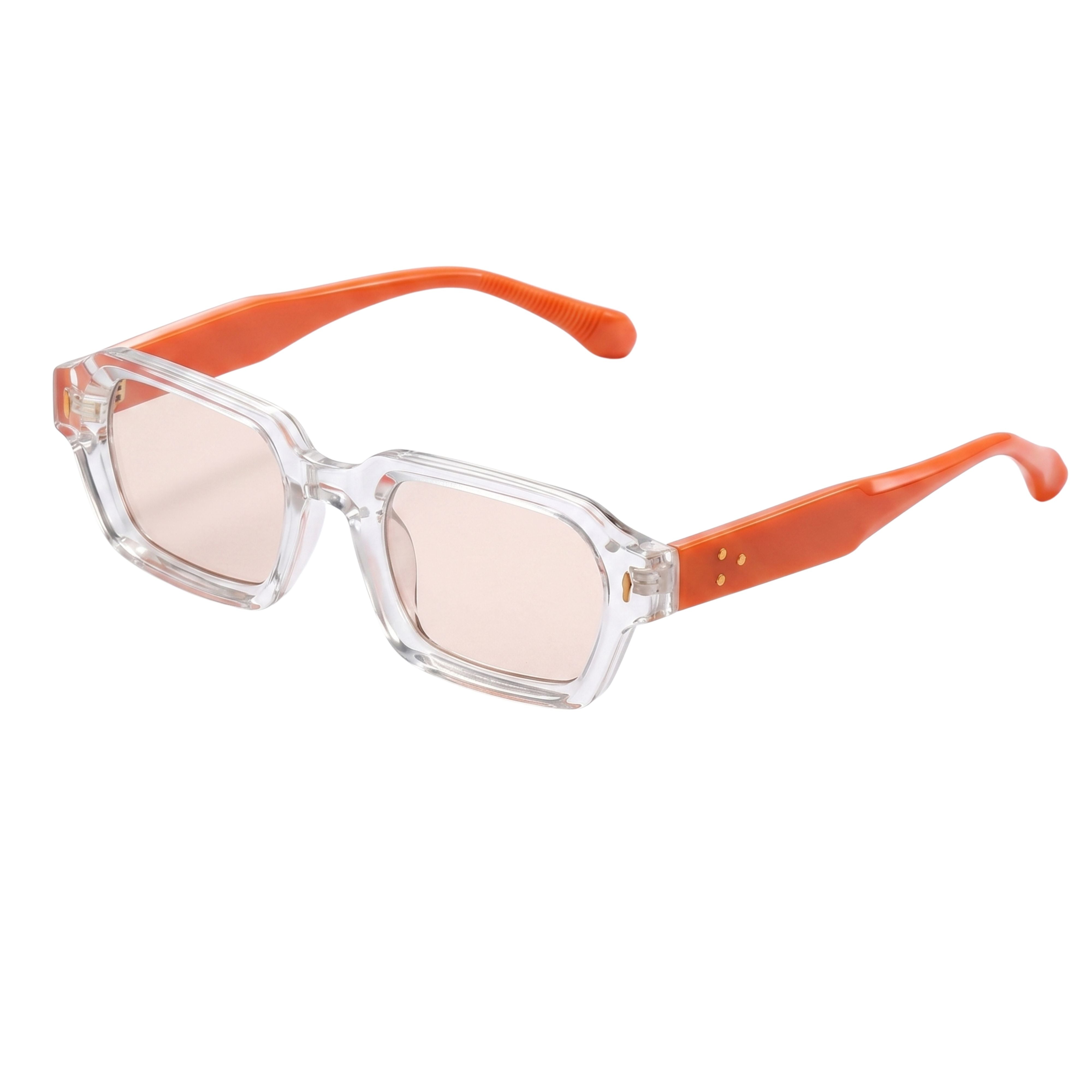 Retro chunky rectangular sunglasses with a clear front frame, orange acetate temples, and light pink tinted lenses.