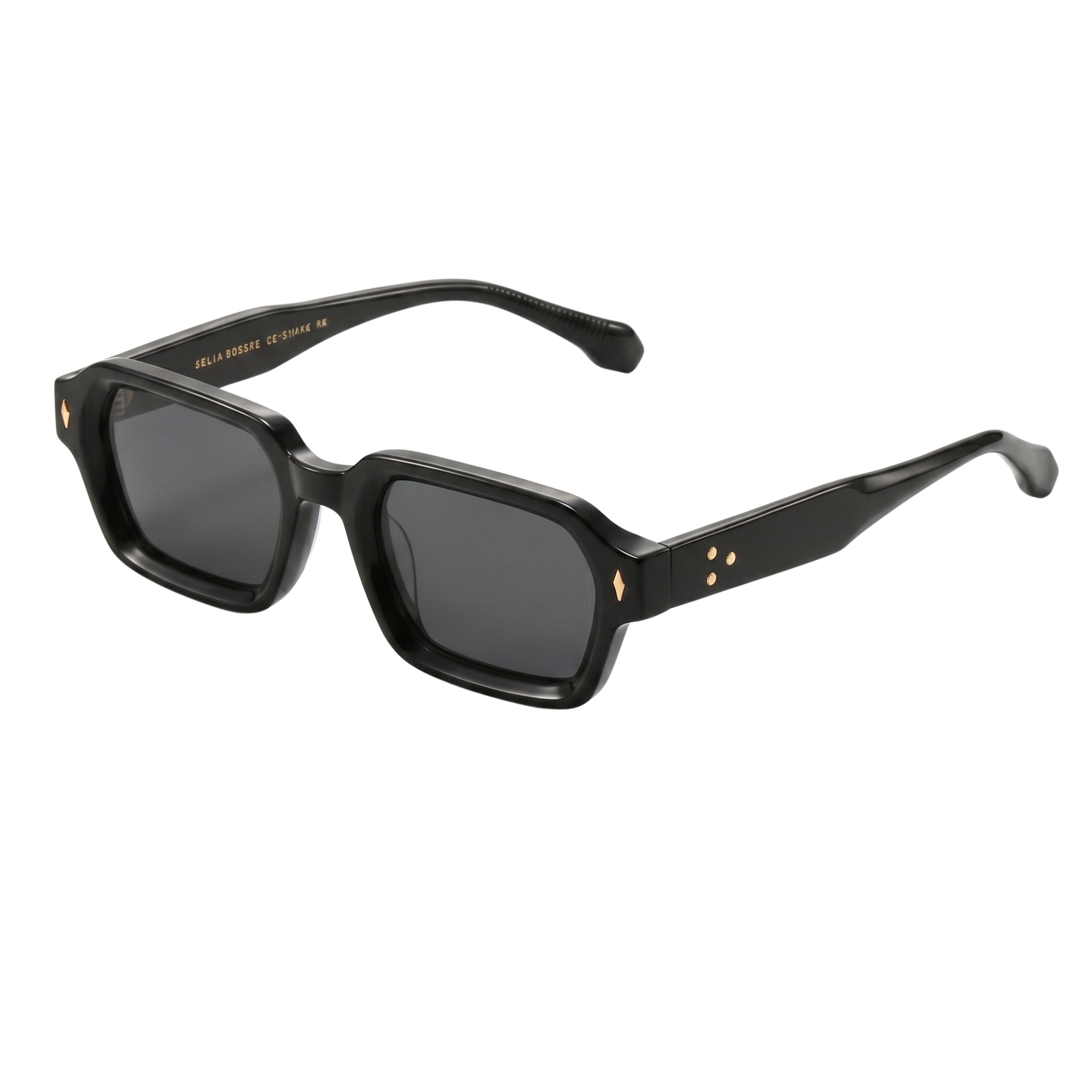 Retro chunky rectangular sunglasses in a solid black acetate frame with dark grey lenses.