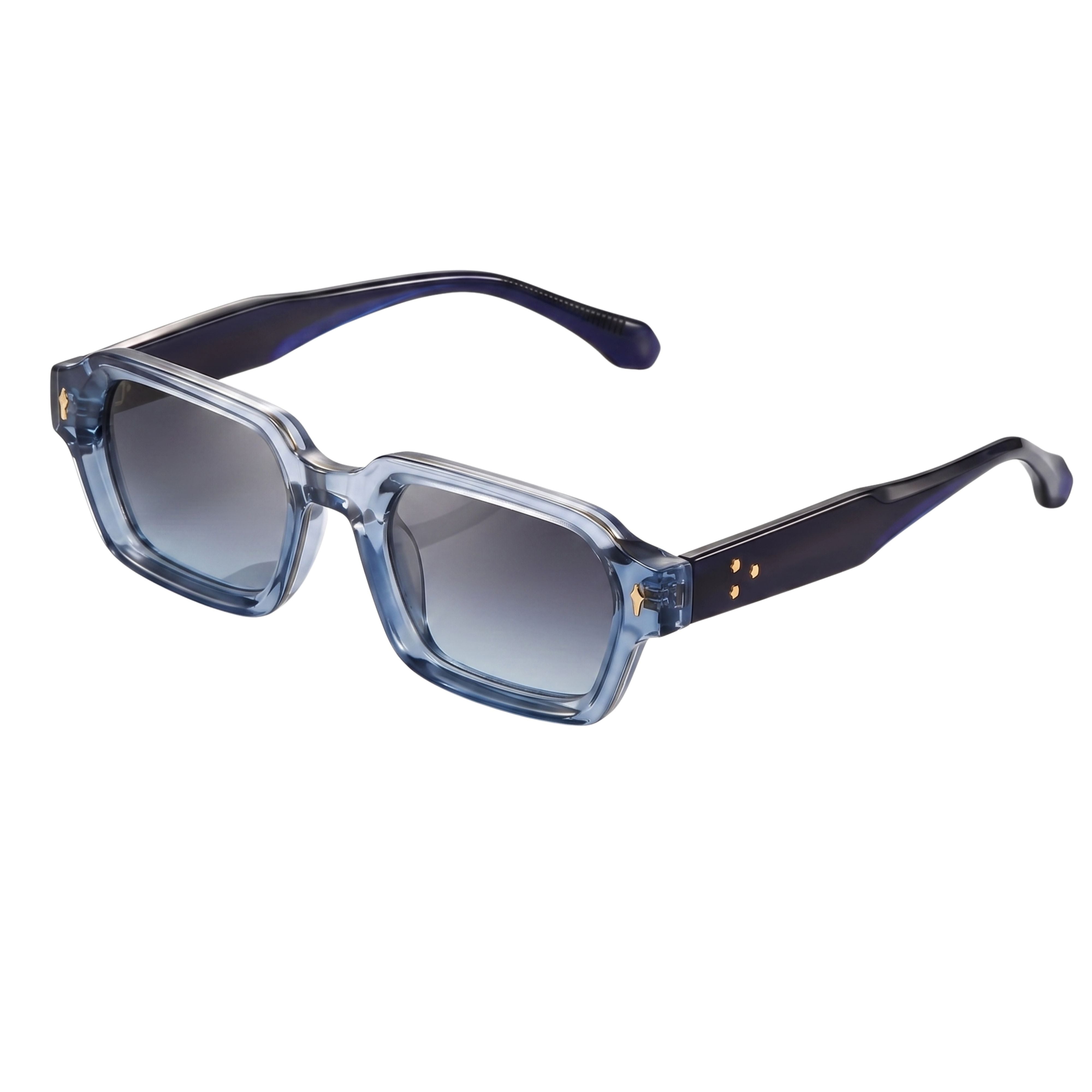Retro chunky rectangular sunglasses featuring a translucent blue acetate frame with gradient blue lenses.