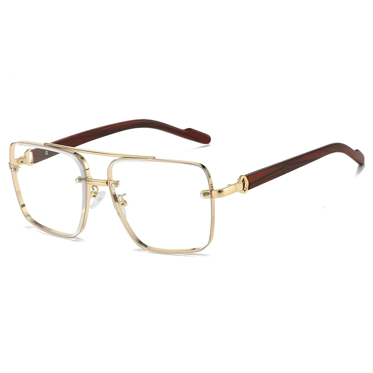 Retro square metal optical glasses with double bridge, wood temples, and clear transparent lenses.