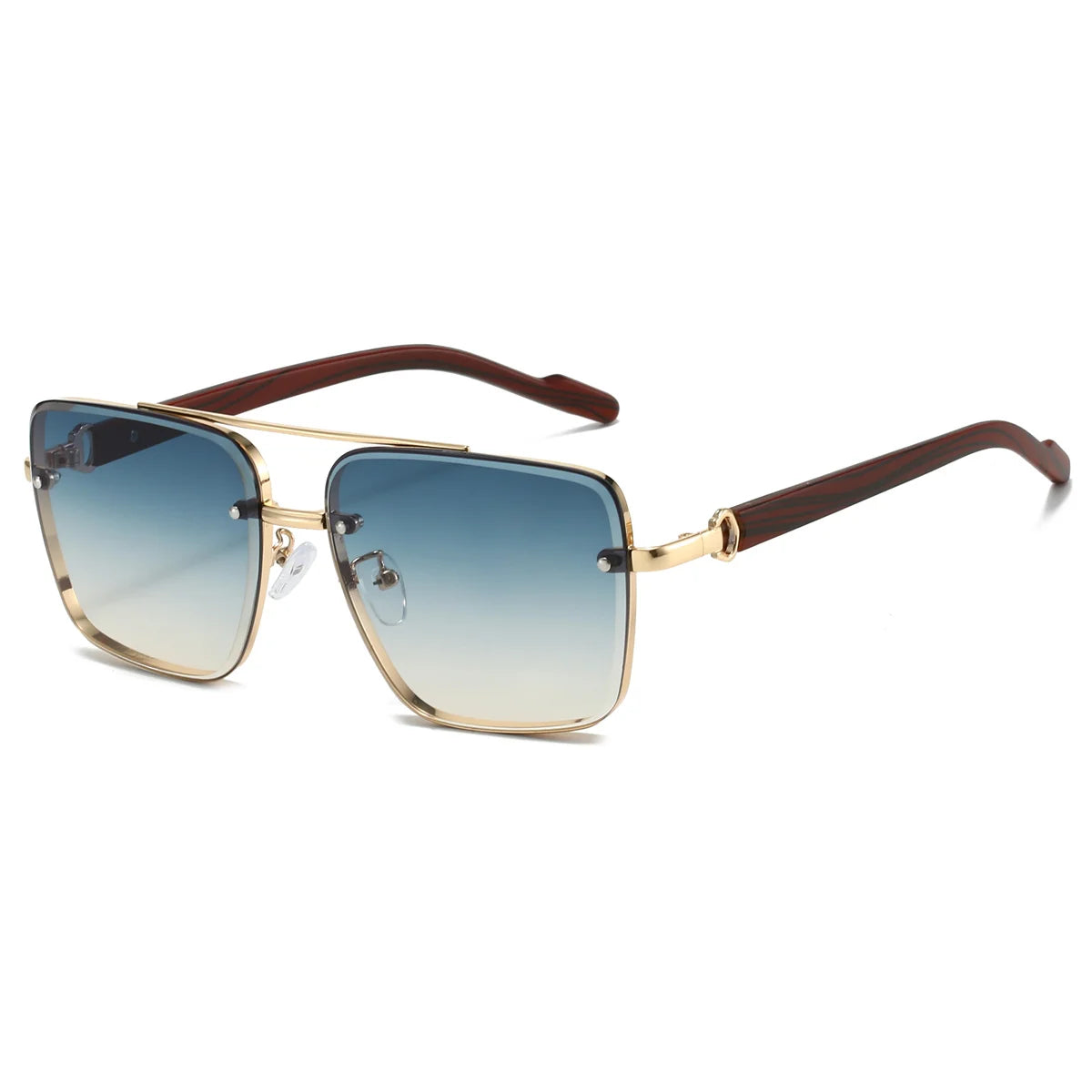 Retro square metal sunglasses with double bridge, wood temples, and gradient blue to brown lenses.