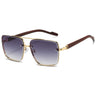 Retro square metal sunglasses with double bridge, wood temples, and gradient grey lenses.