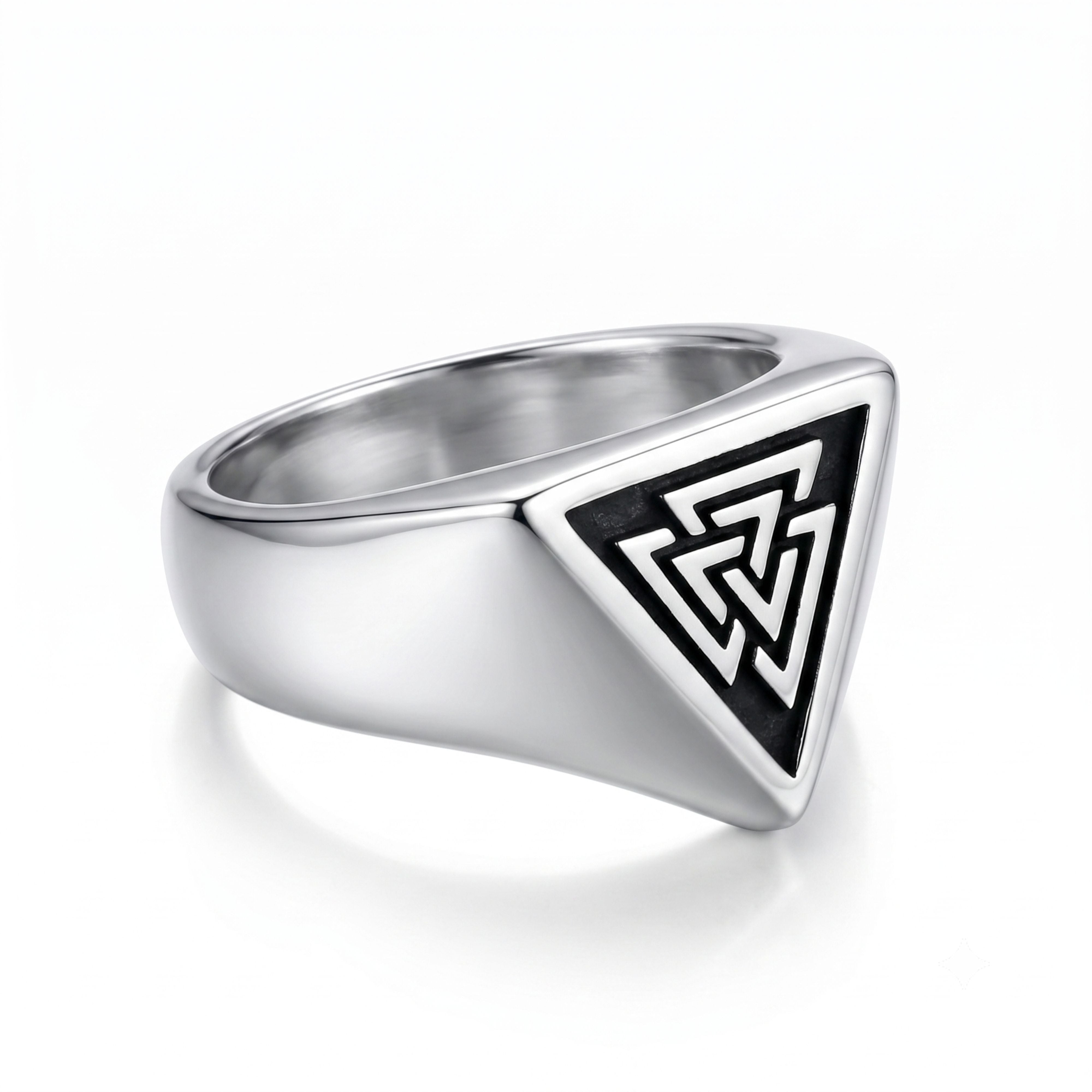 S925 sterling silver signet ring featuring a black oxidized Valknut Viking triangle symbol on a white background.