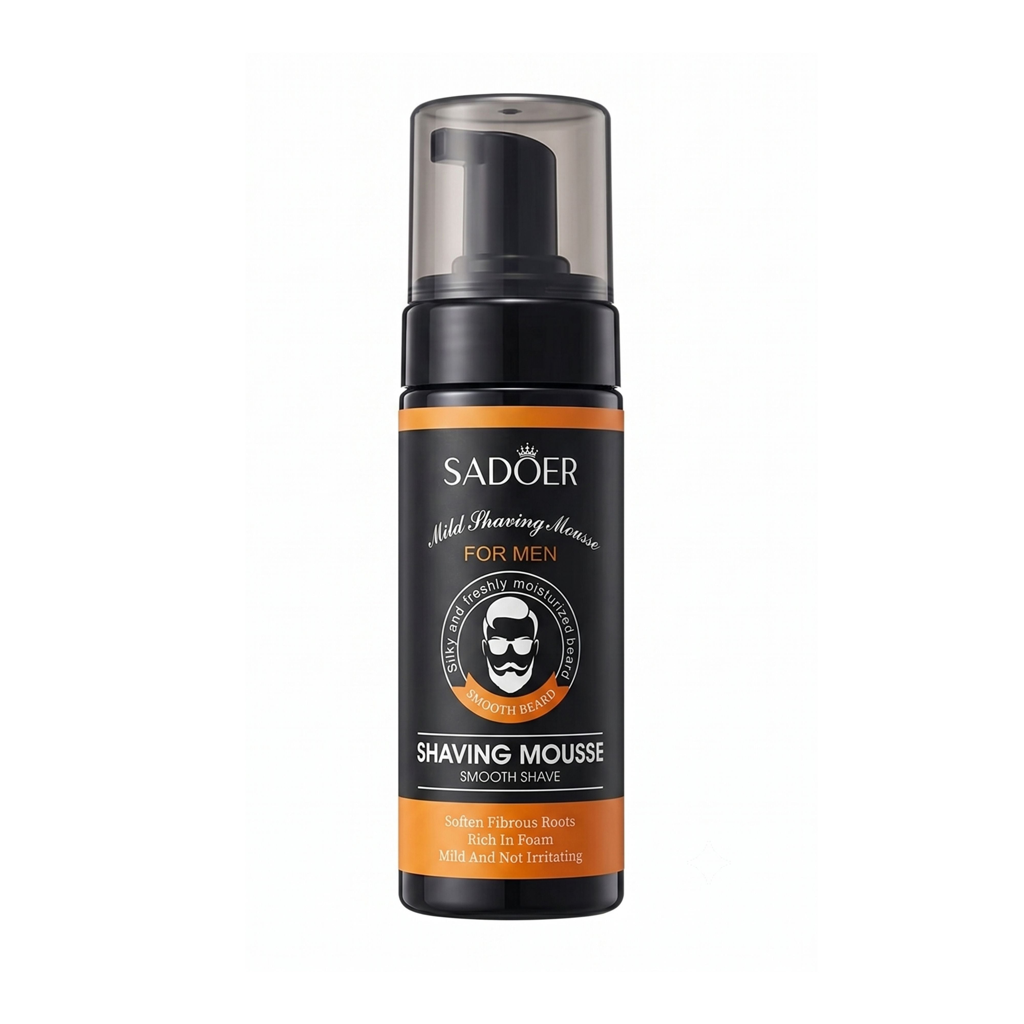 60ml black pump bottle of Sadoer Mild Shaving Mousse for men with orange and white labeling