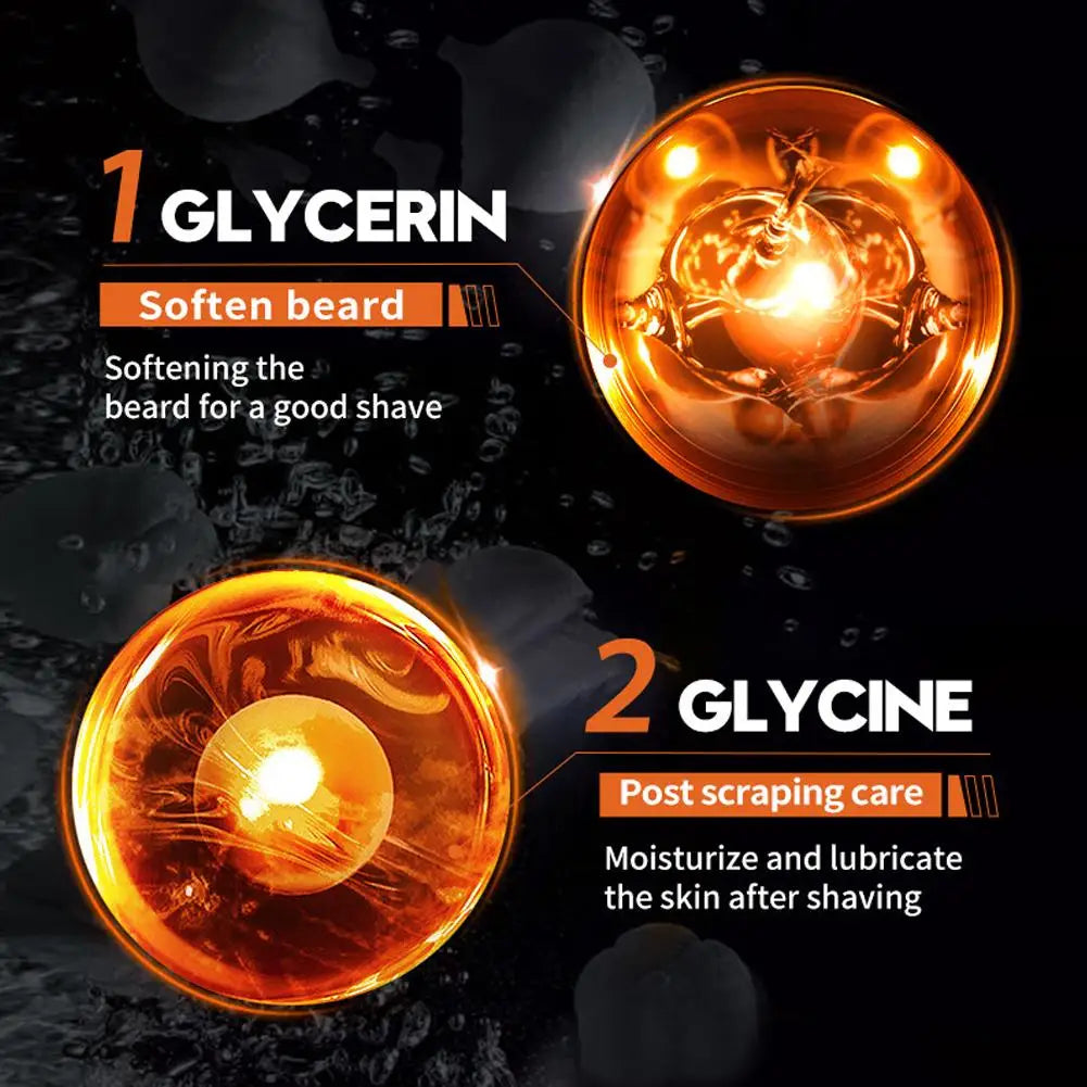 Scientific ingredient graphic showcasing glowing molecular spheres for glycerin to soften the beard and glycine for post-shave skin care