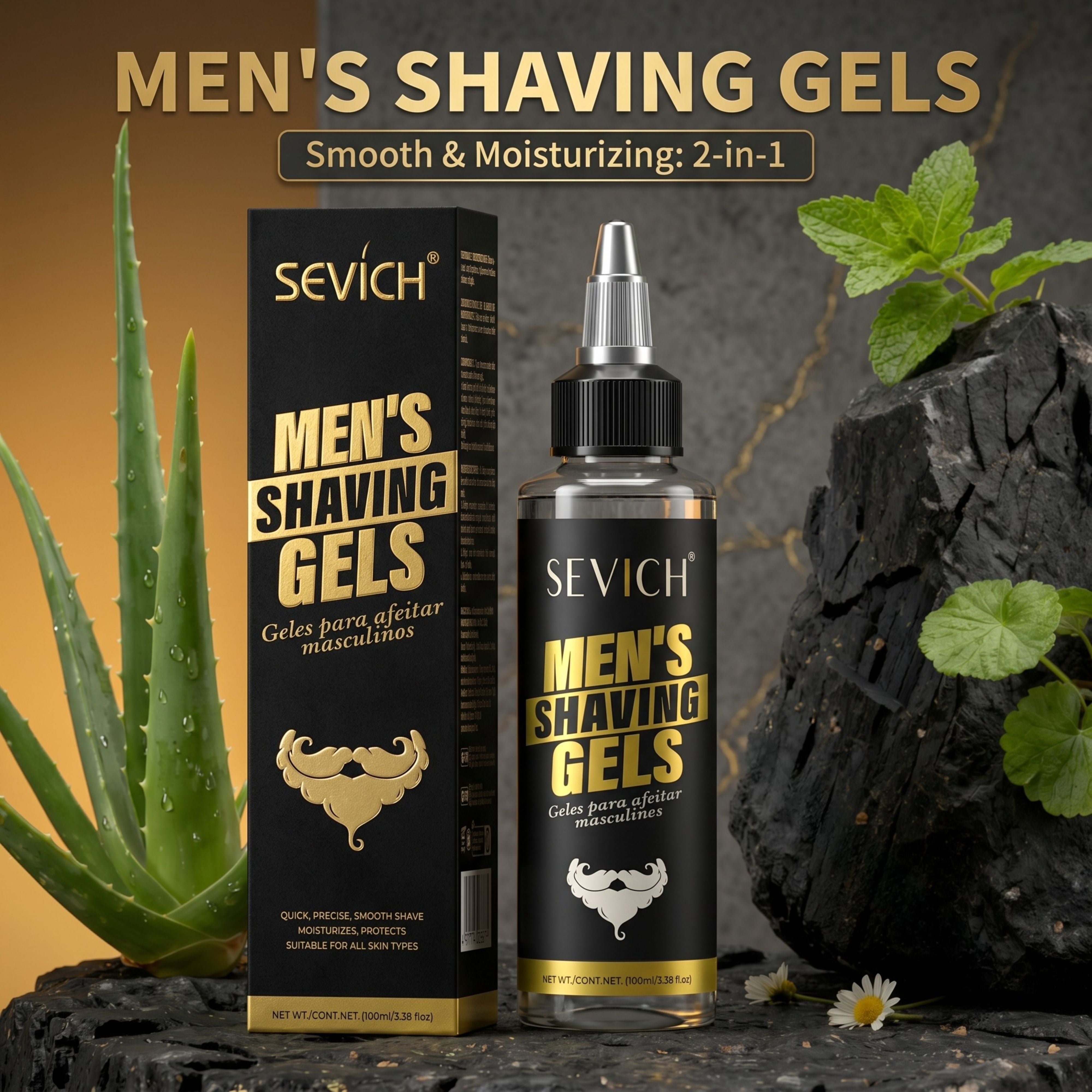 Sevich moisturizing shaving gel next to its packaging, fresh aloe vera leaves, and mint on a premium natural background