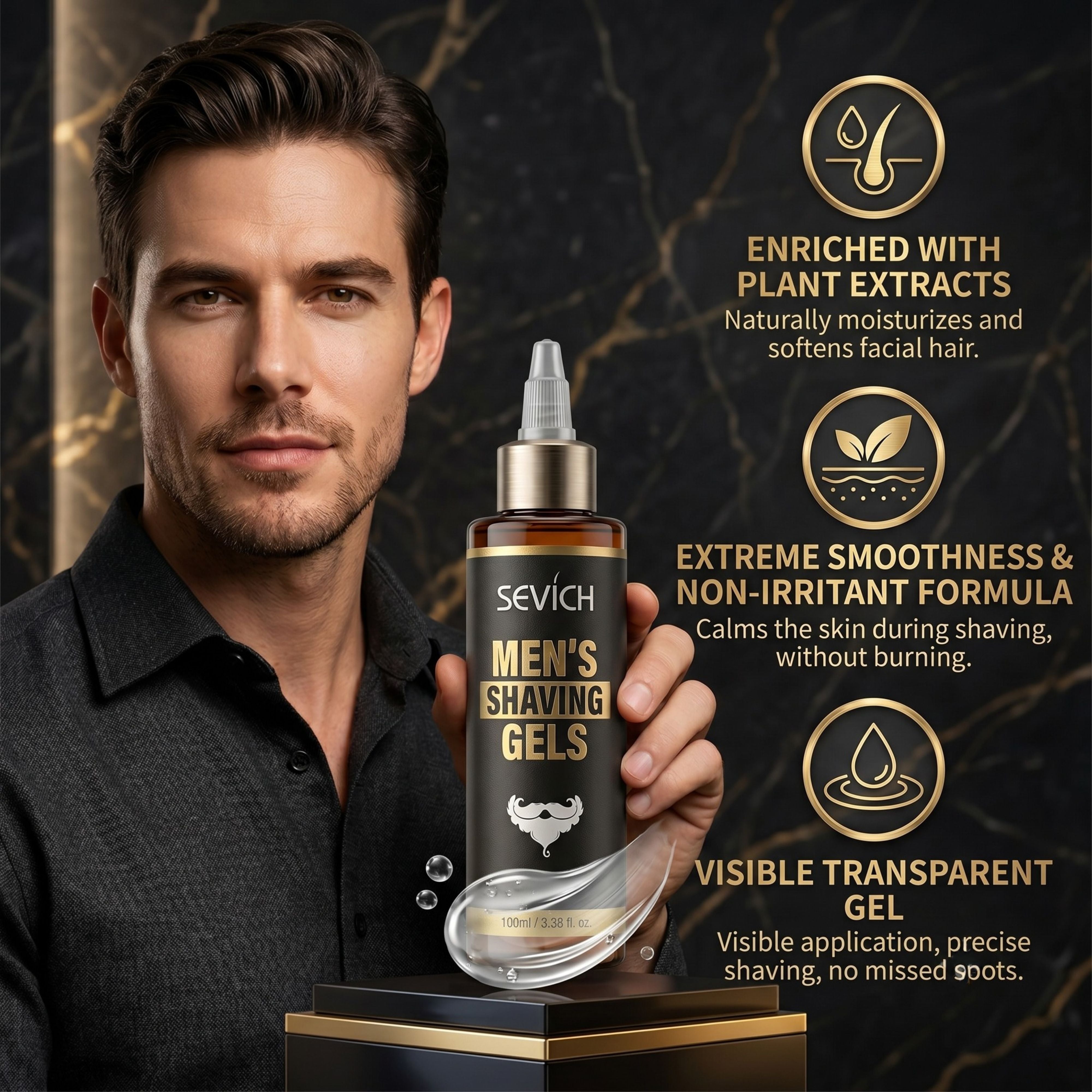 Male model holding the Sevich shaving gel bottle, highlighting its non-irritating formula enriched with plant extracts