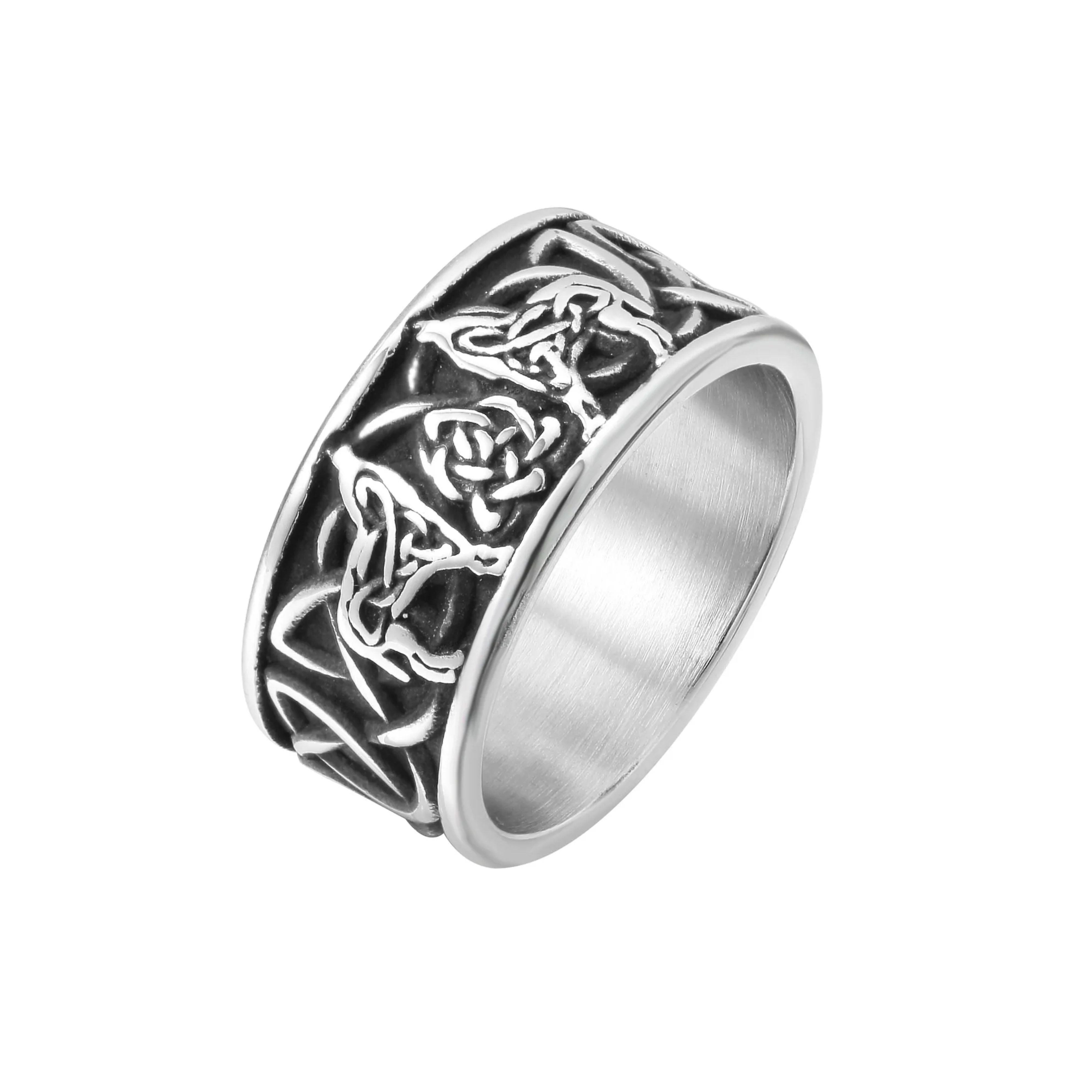 S925 silver wide band ring featuring an oxidized black background with raised Celtic knotwork and Norse wolf motifs on a white background.
