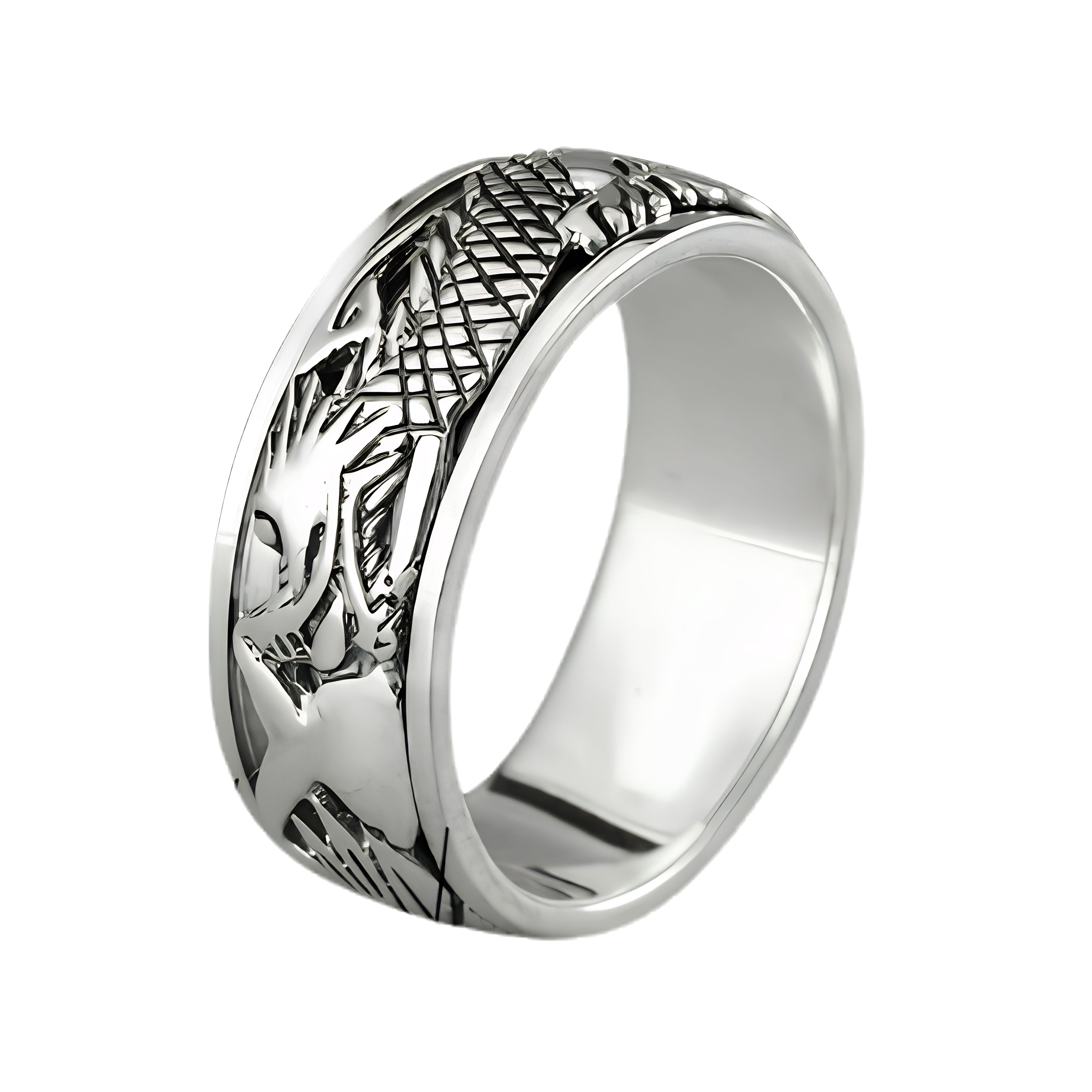 S925 silver rotatable band ring showcasing a raised mythological dragon pattern.