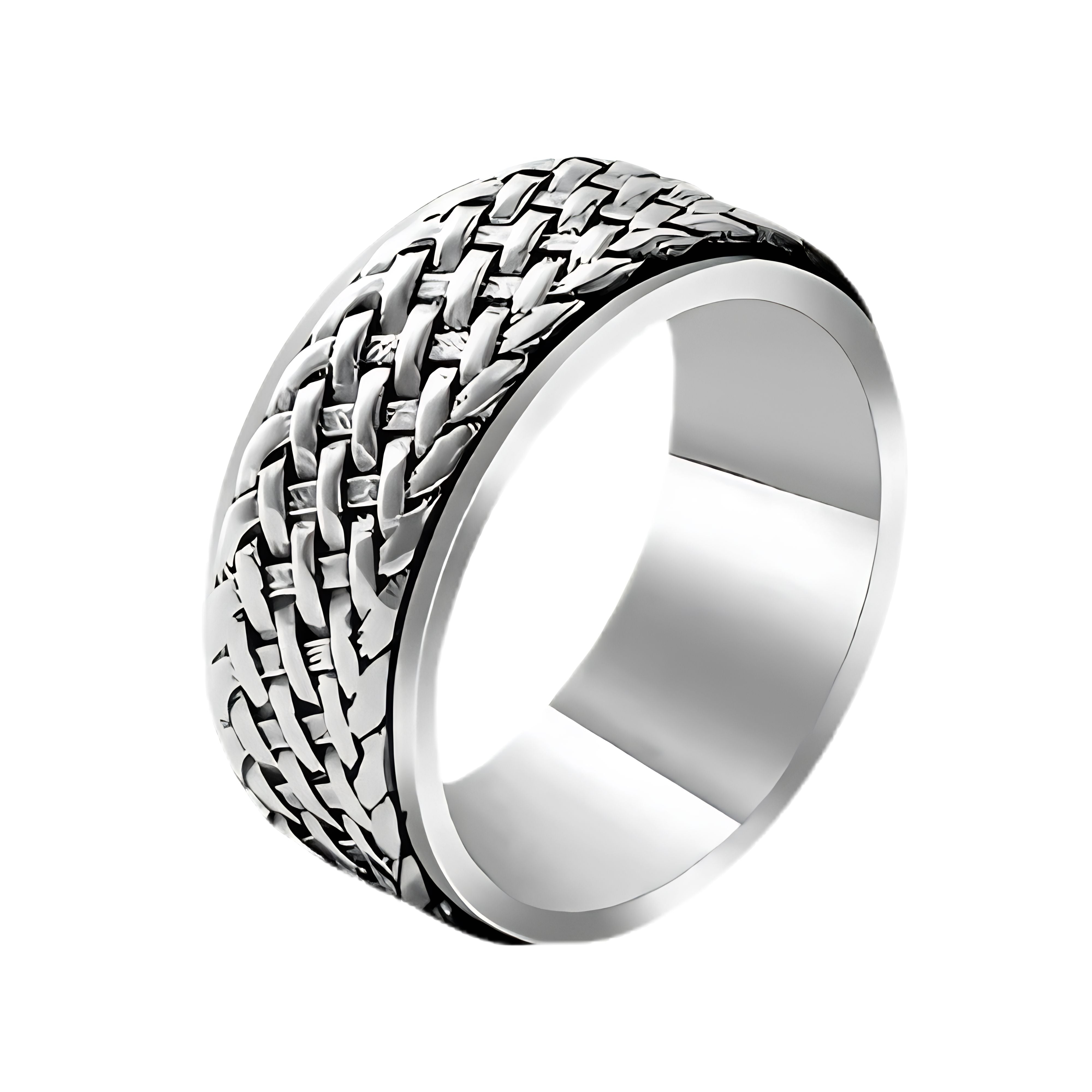 Silver rotatable spinner ring featuring a textured dragon scale or interlocking chain link pattern.