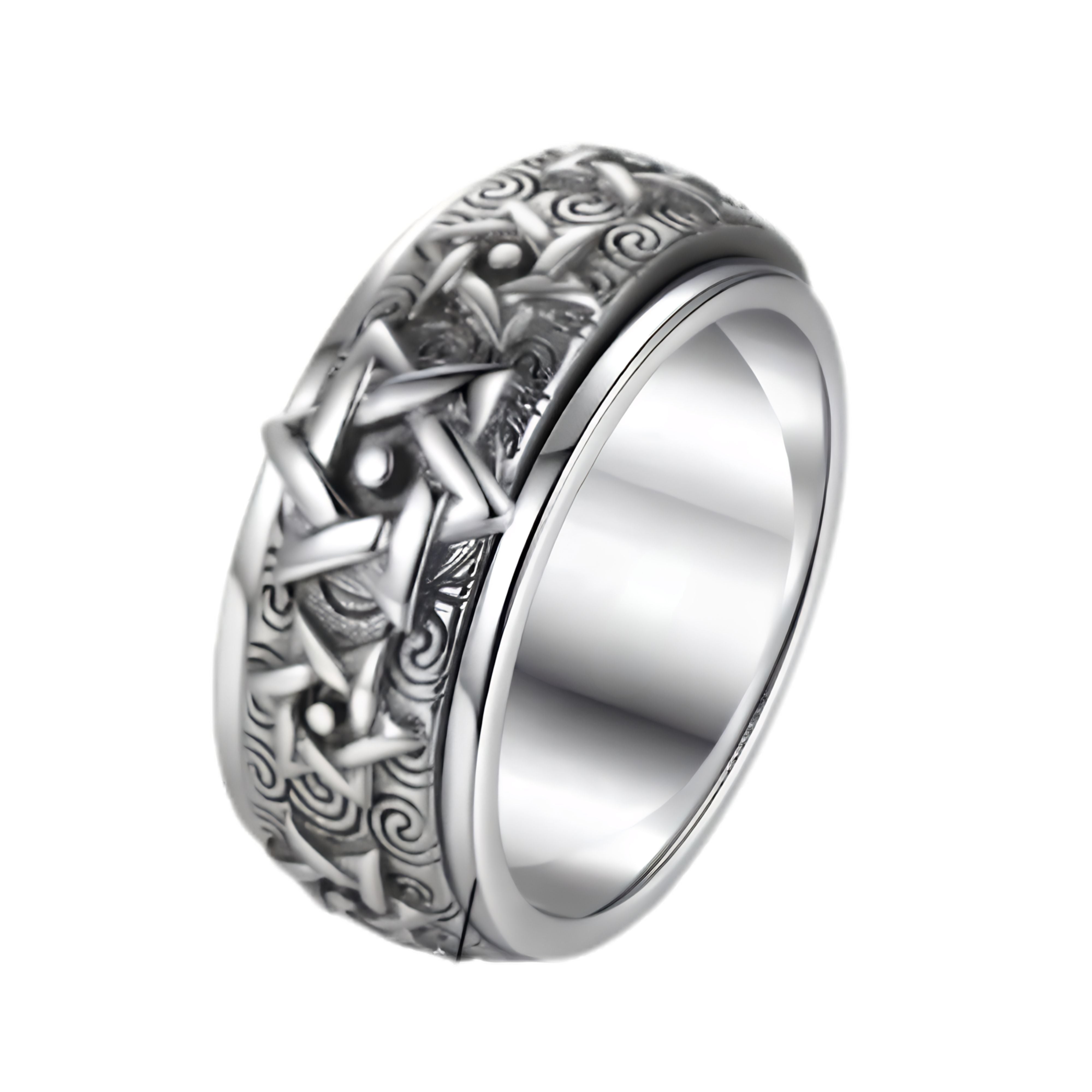 Oxidized silver spinner ring featuring a continuous interlocking hexagram star pattern.