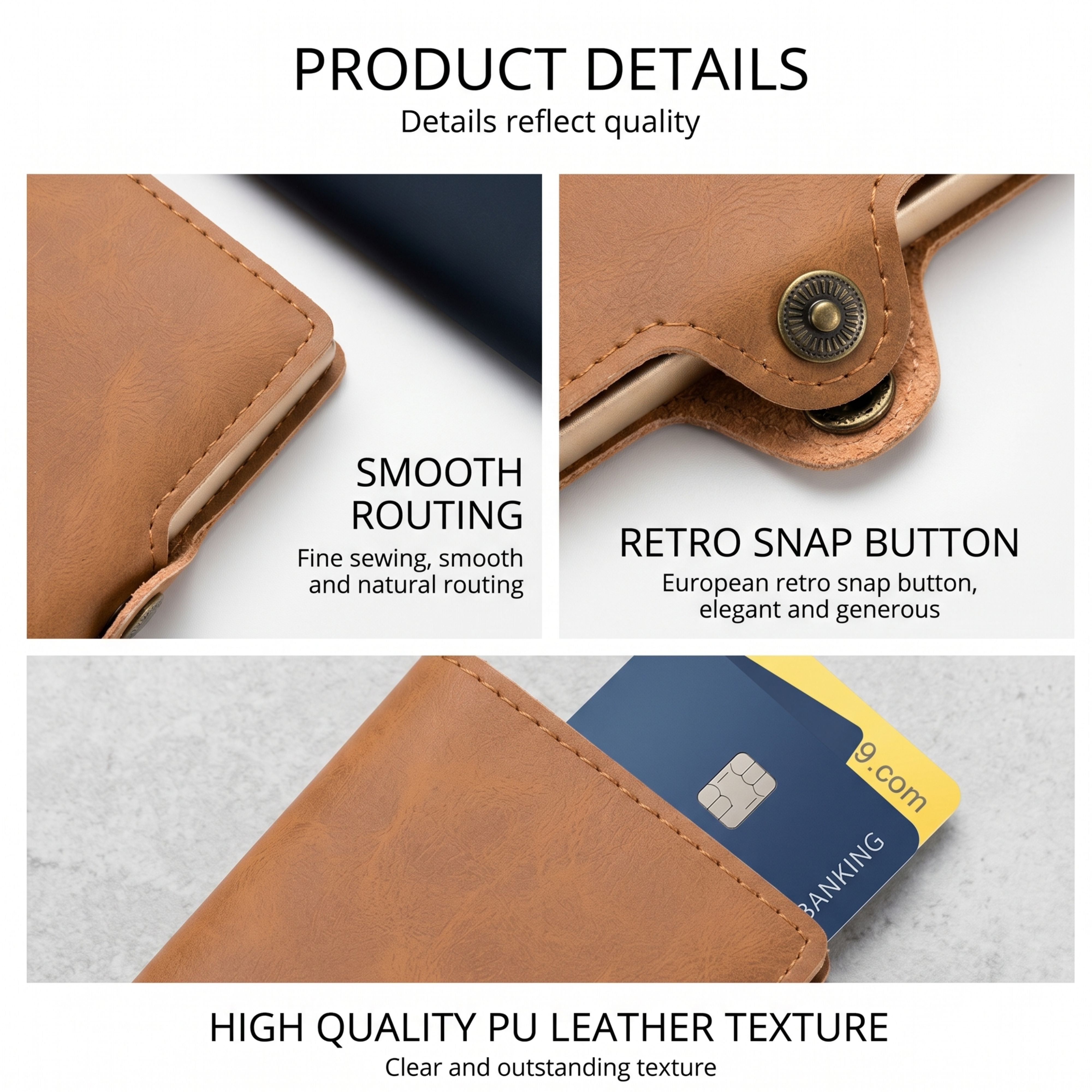 Product Details close-up panel showcasing the smooth leather edge routing, retro snap button hardware, and premium split leather texture