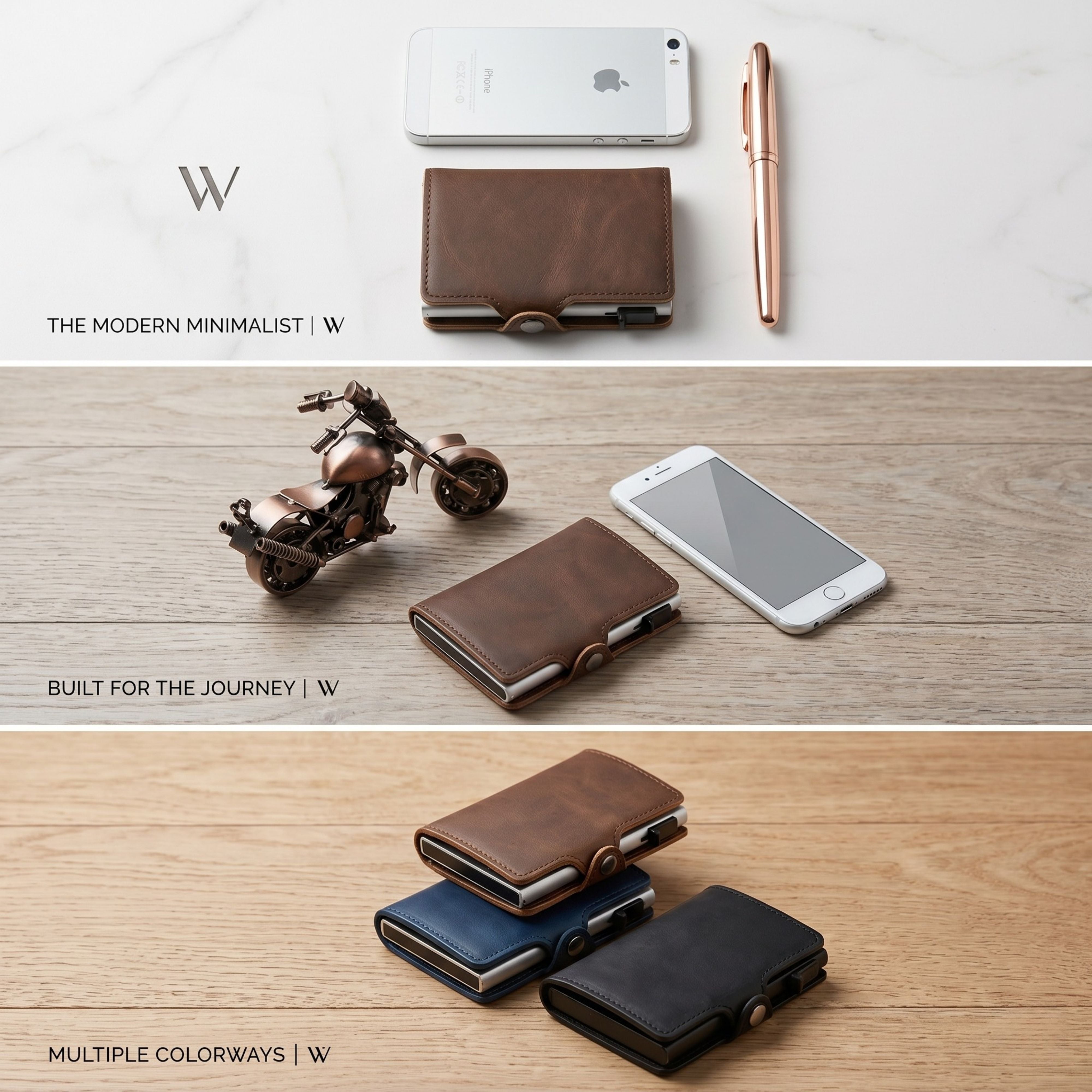 Three-panel e-commerce marketing display showing the coffee brown wallet as part of an everyday carry setup and a stacked selection of alternative colors