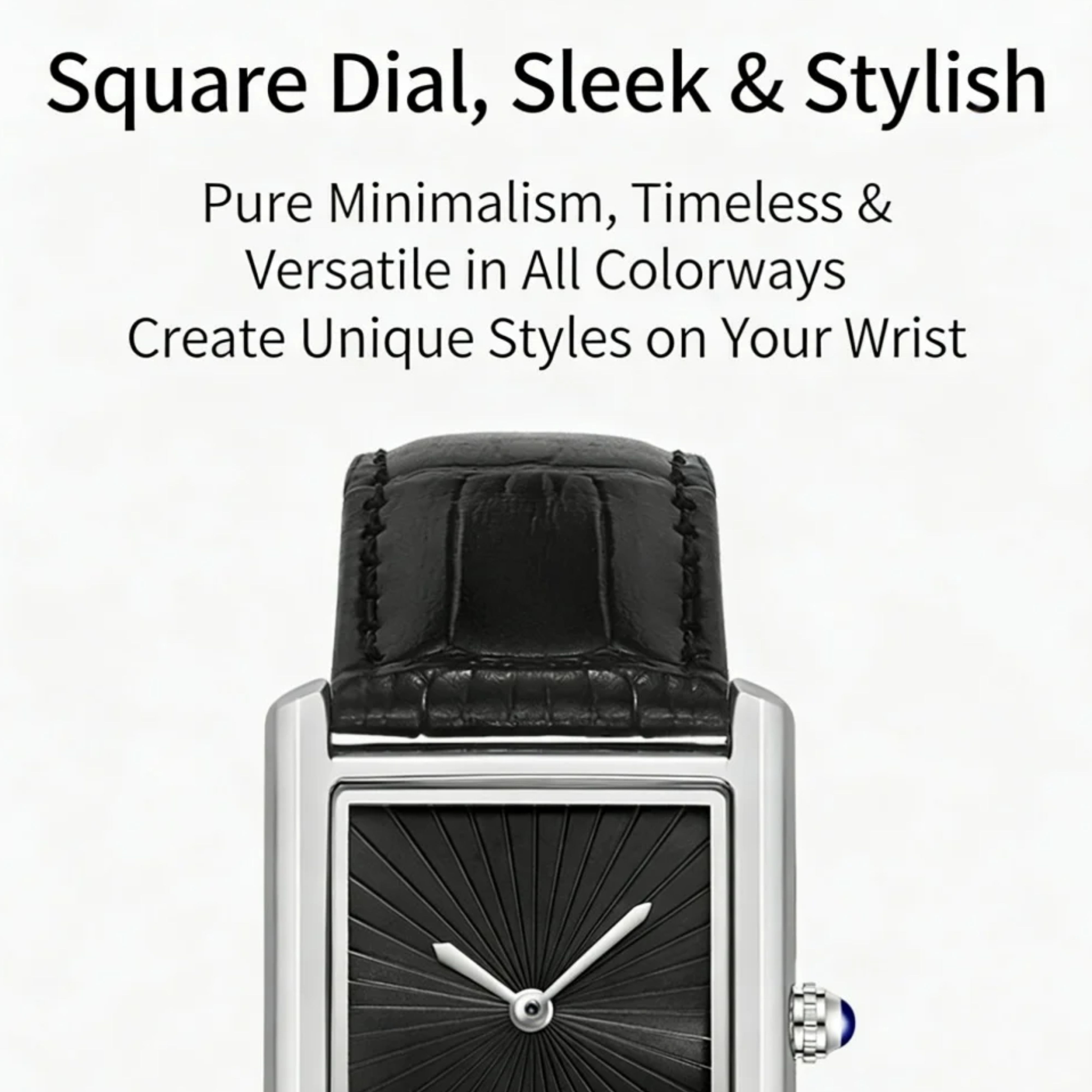 Product feature graphic showing a silver square watch with a black face, titled Square Dial, Sleek and Stylish pure minimalism