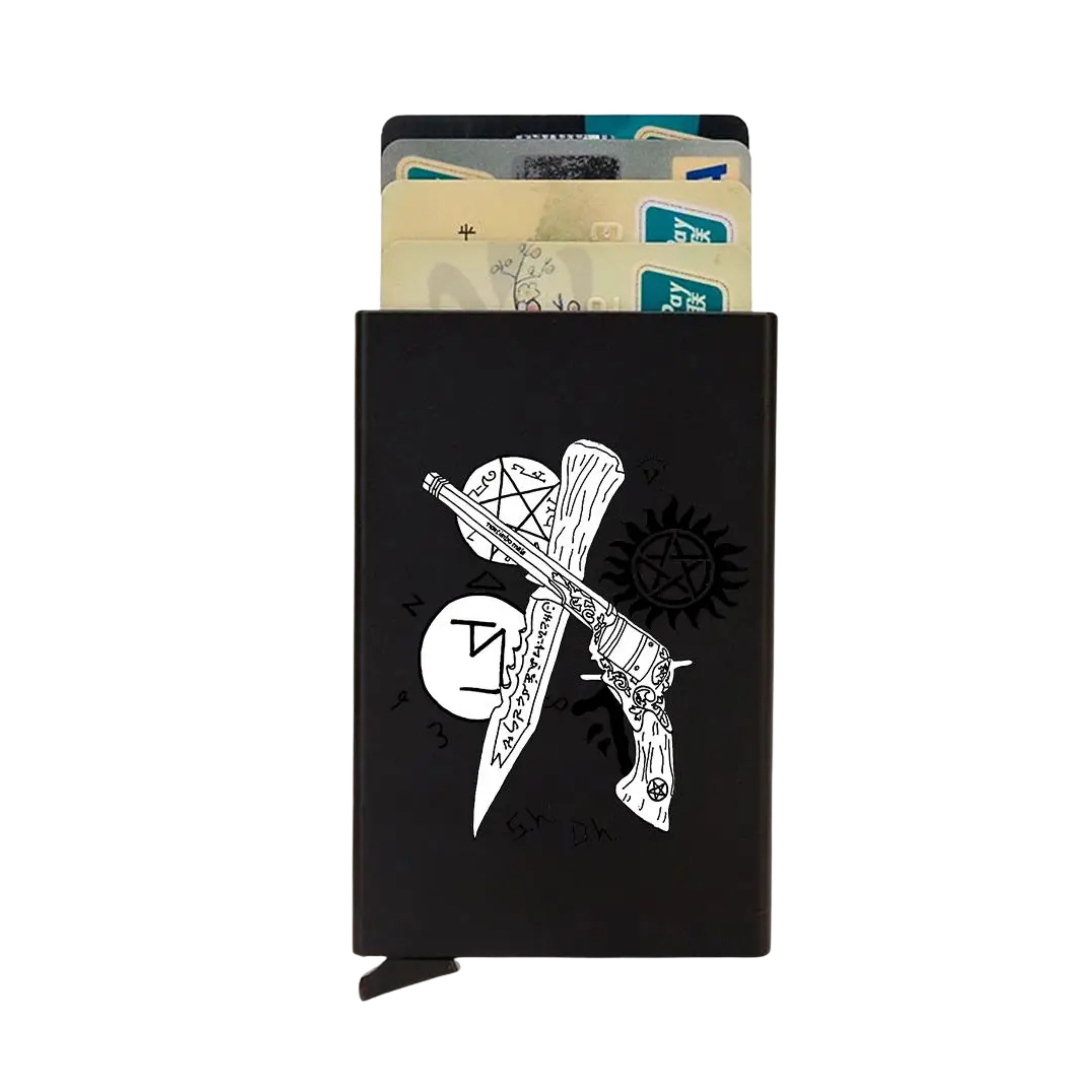 ZeAiLi smart slide wallet featuring white printed graphics of Supernatural weapons, including the angel blade, Ruby's knife, and show icons