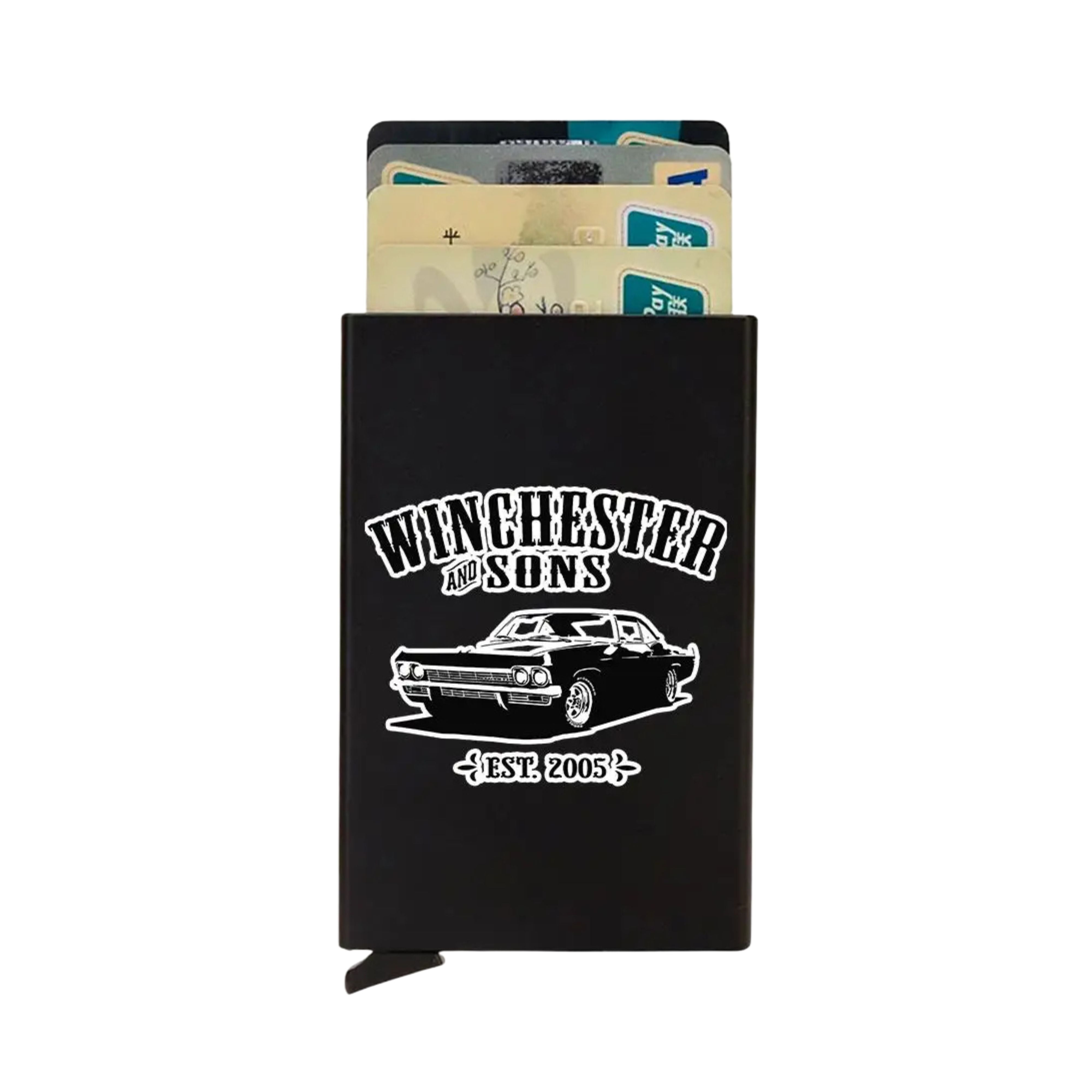 ZeAiLi metallic smart card wallet showcasing a custom white graphic printing of the Winchester brothers' iconic 1967 Chevy Impala car