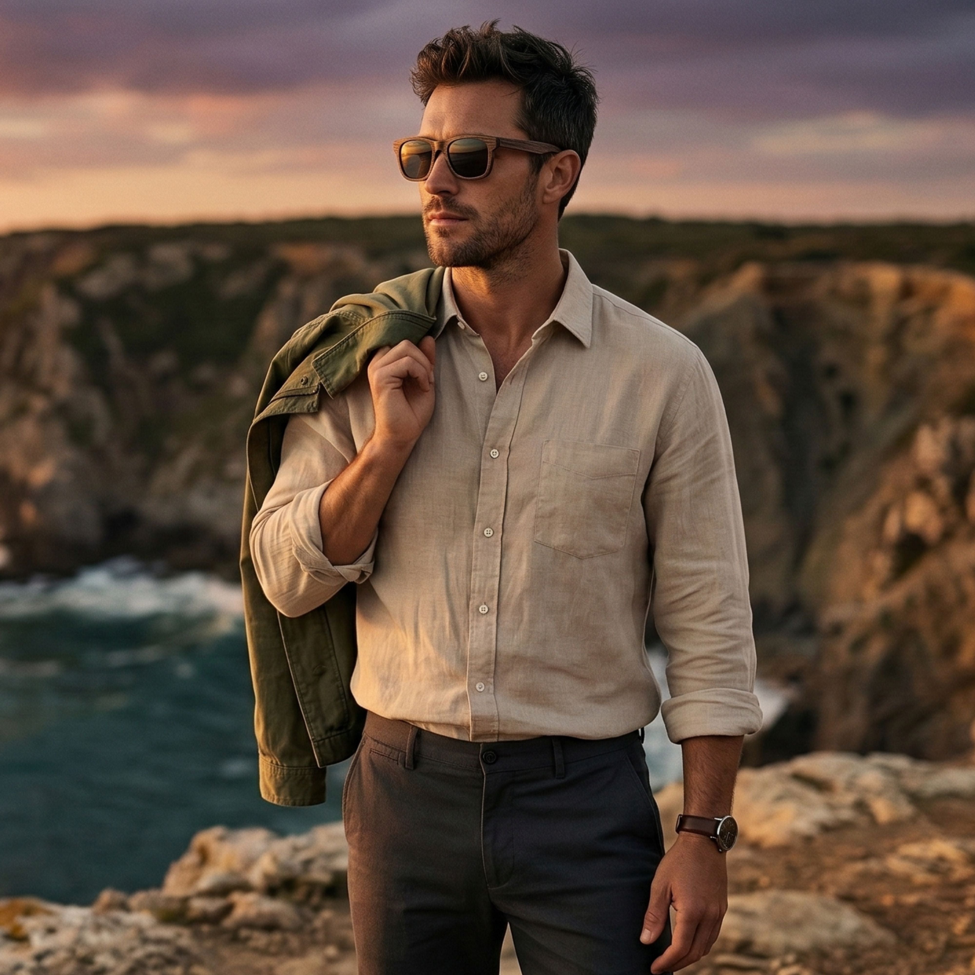 Confident man wearing wooden sunglasses at sunset representing The Crew brand style