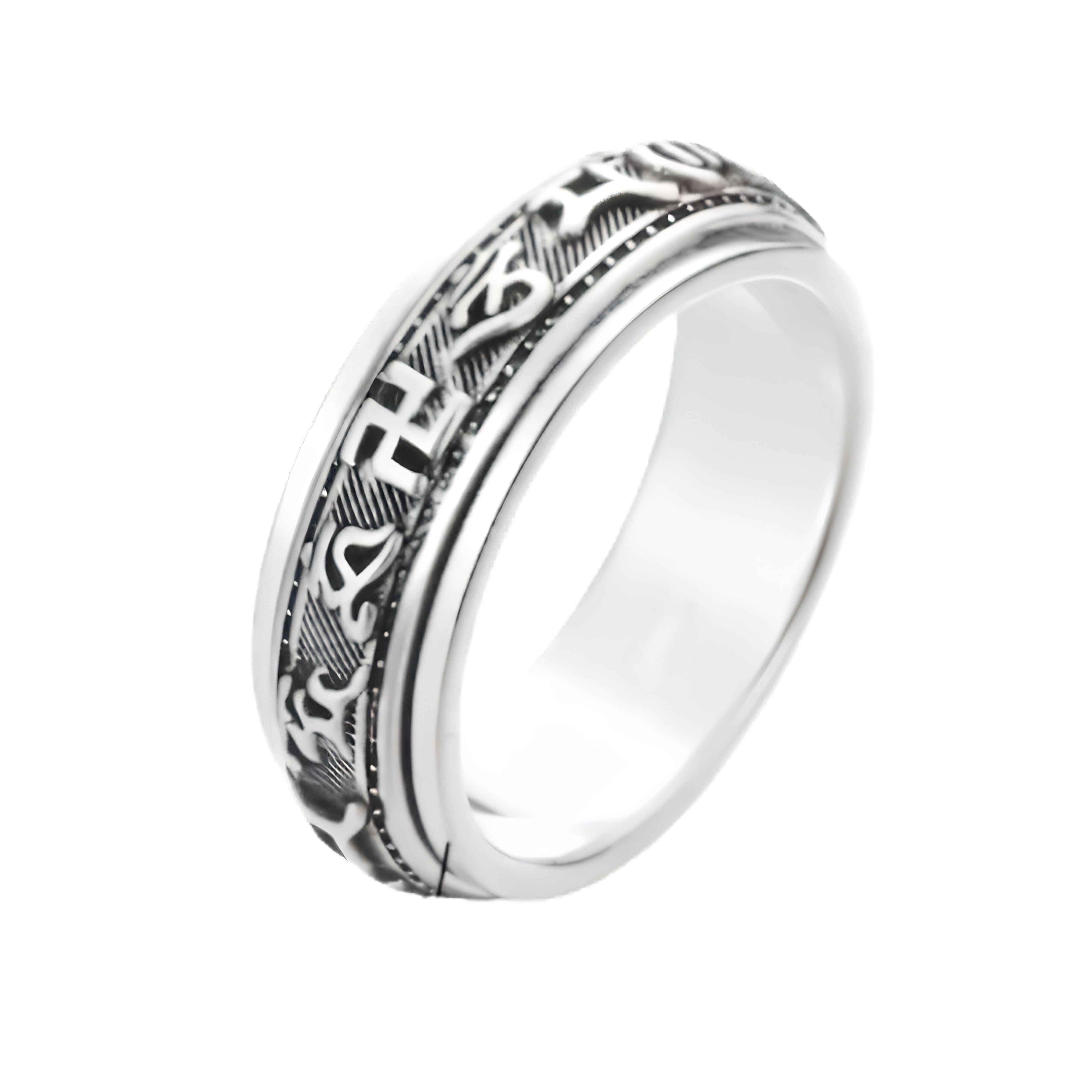 Thin silver rotatable prayer wheel ring engraved with traditional Buddhist symbols and mantras.