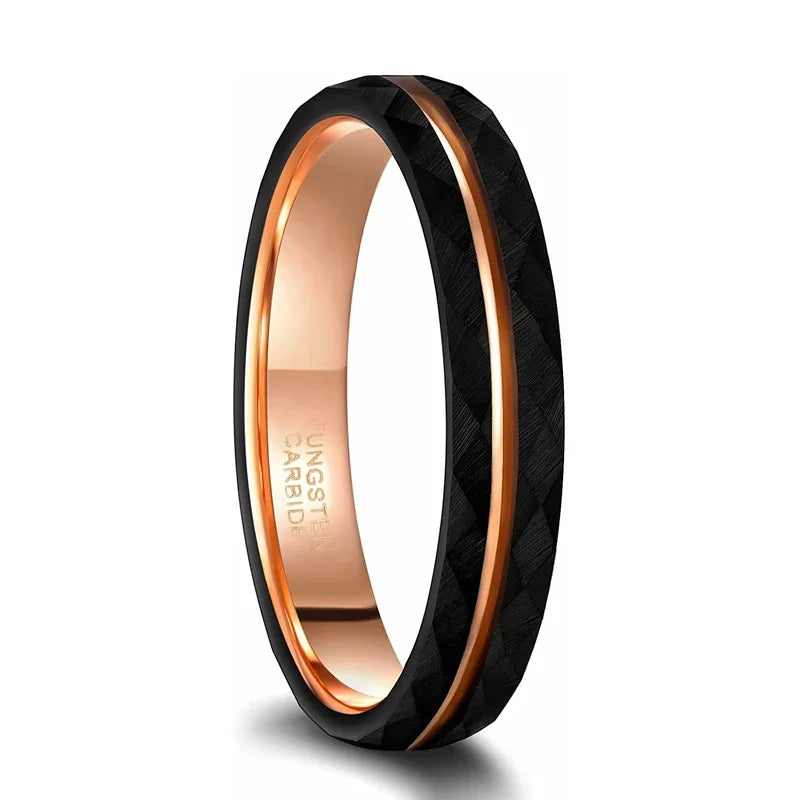 A thin 4mm profile variant of the Tigrade black hammered tungsten ring showing the rose gold inner plating and matching offset outer stripe