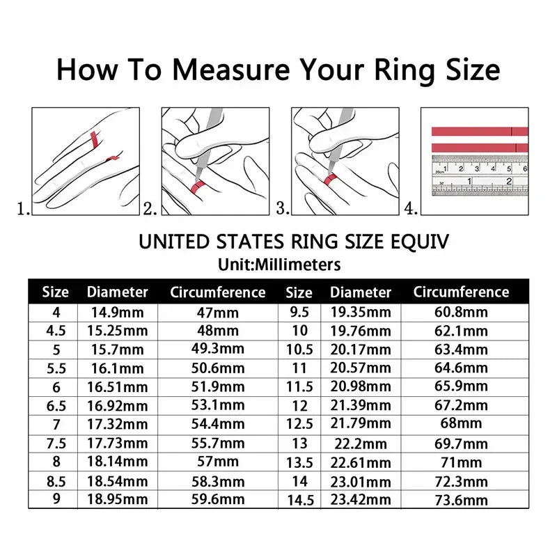 A comprehensive e-commerce sizing guide titled How To Measure Your Ring Size, displaying a United States ring size equivalency chart with diameter and circumference
